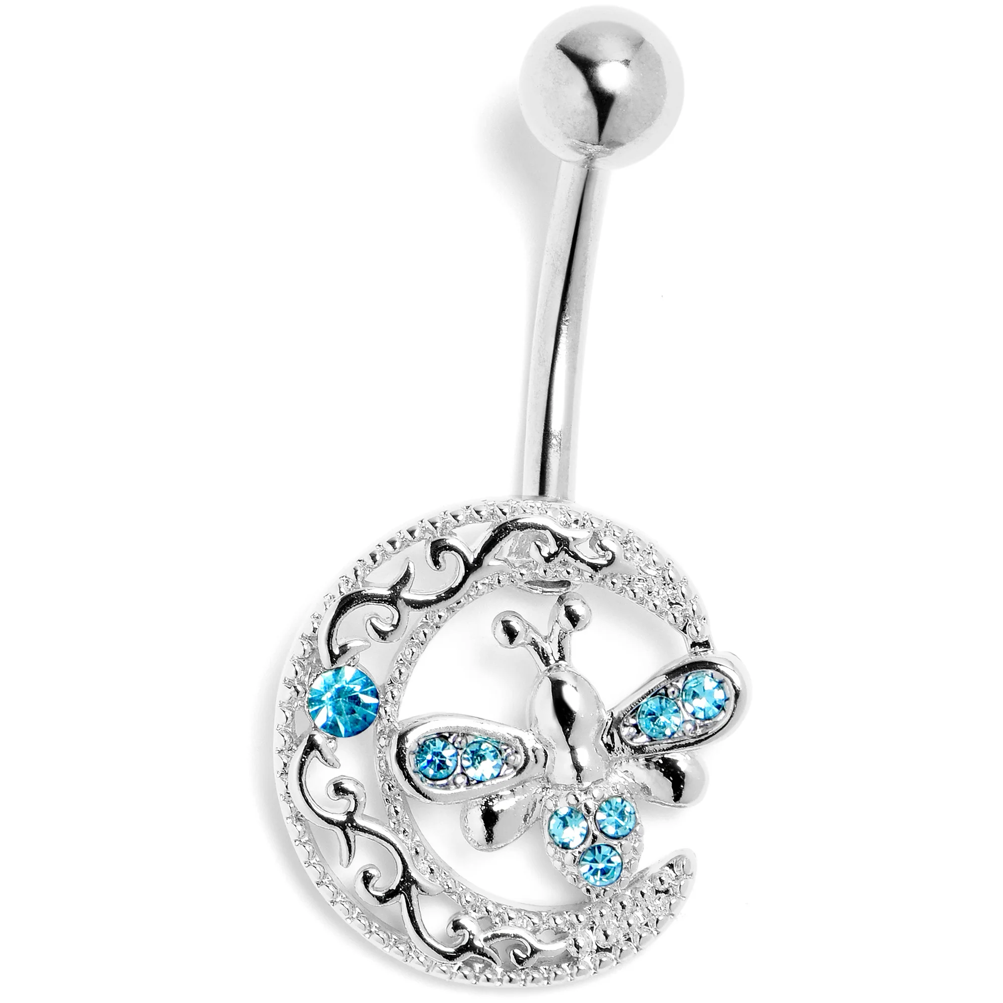 Blue Gem Lunar Dragonfly Dangle Belly Ring - Image 3