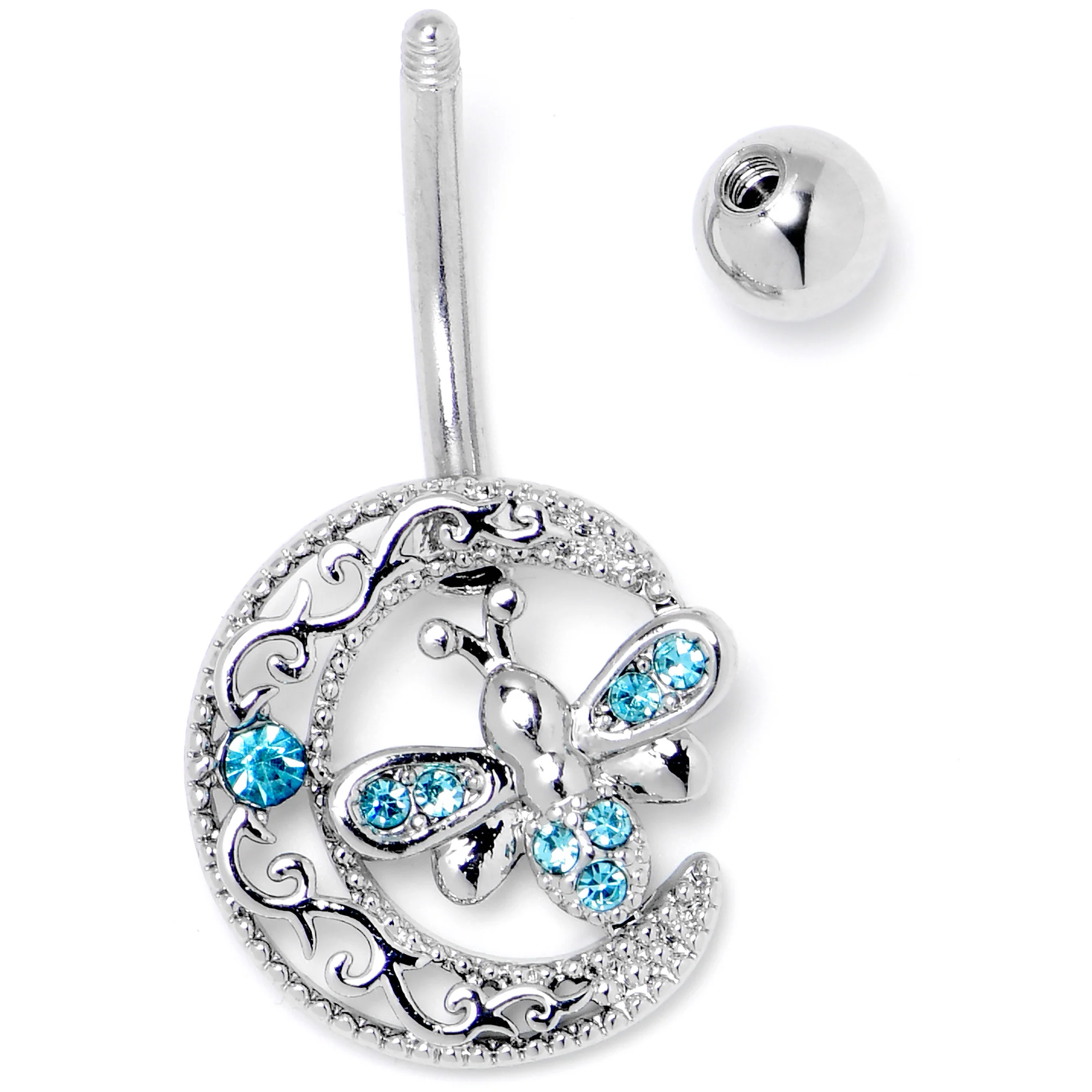 Blue Gem Lunar Dragonfly Dangle Belly Ring - Image 4