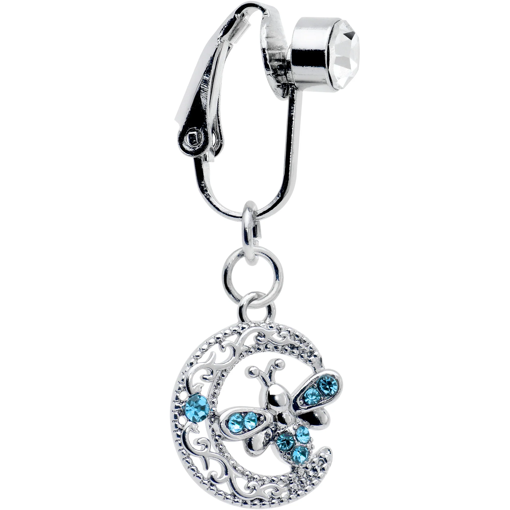 Blue Gem Lunar Dragonfly Fake Clip On Belly Ring - Image 2