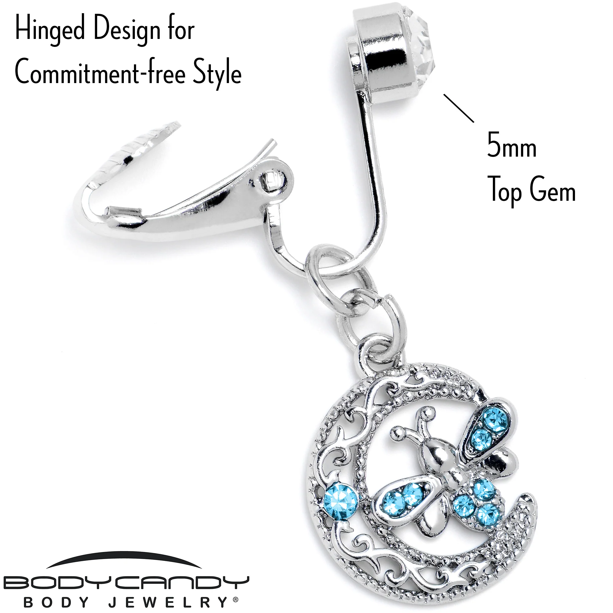 Blue Gem Lunar Dragonfly Fake Clip On Belly Ring - Image 5