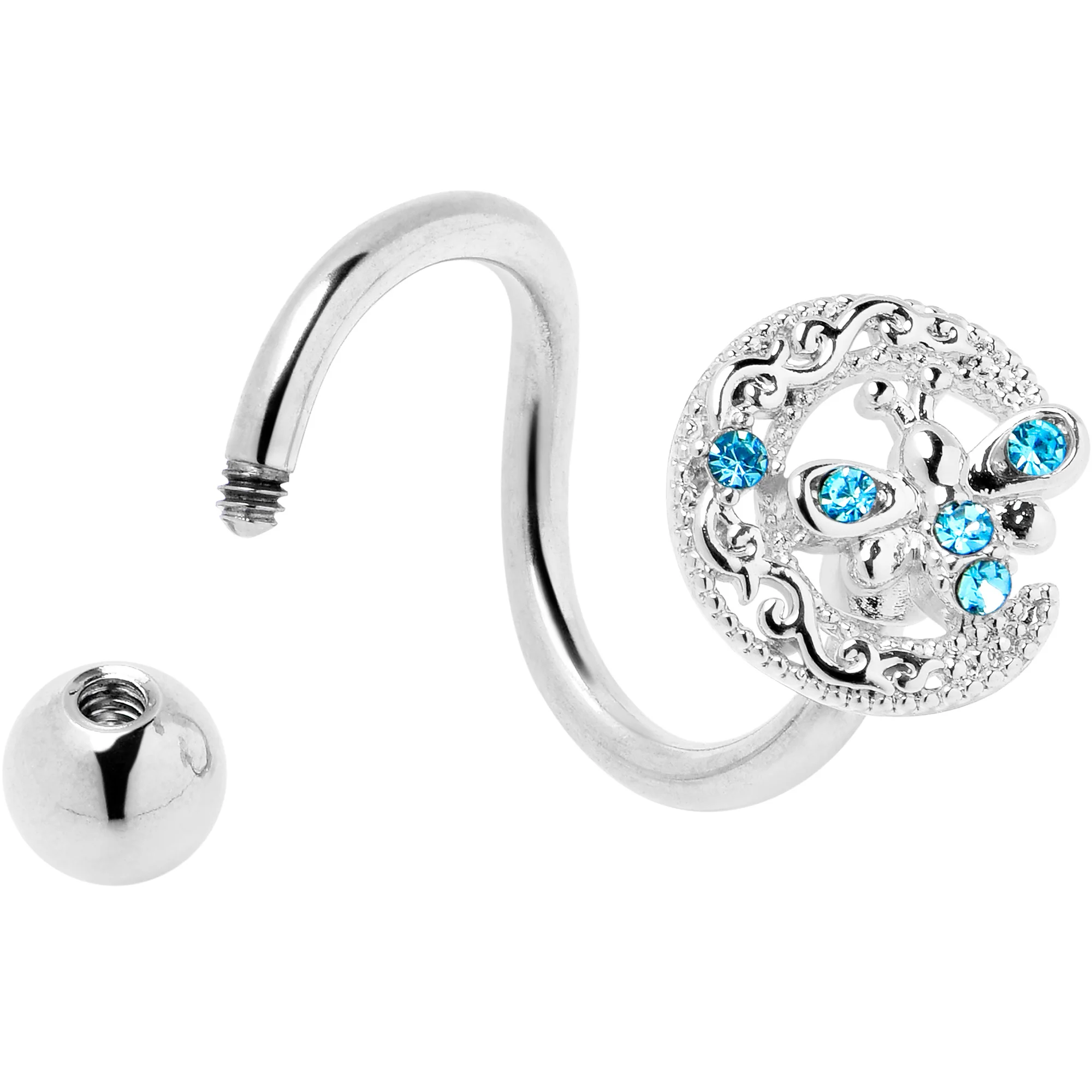 Blue Gem Lunar Dragonfly Spiral Twister Belly Ring - Image 2
