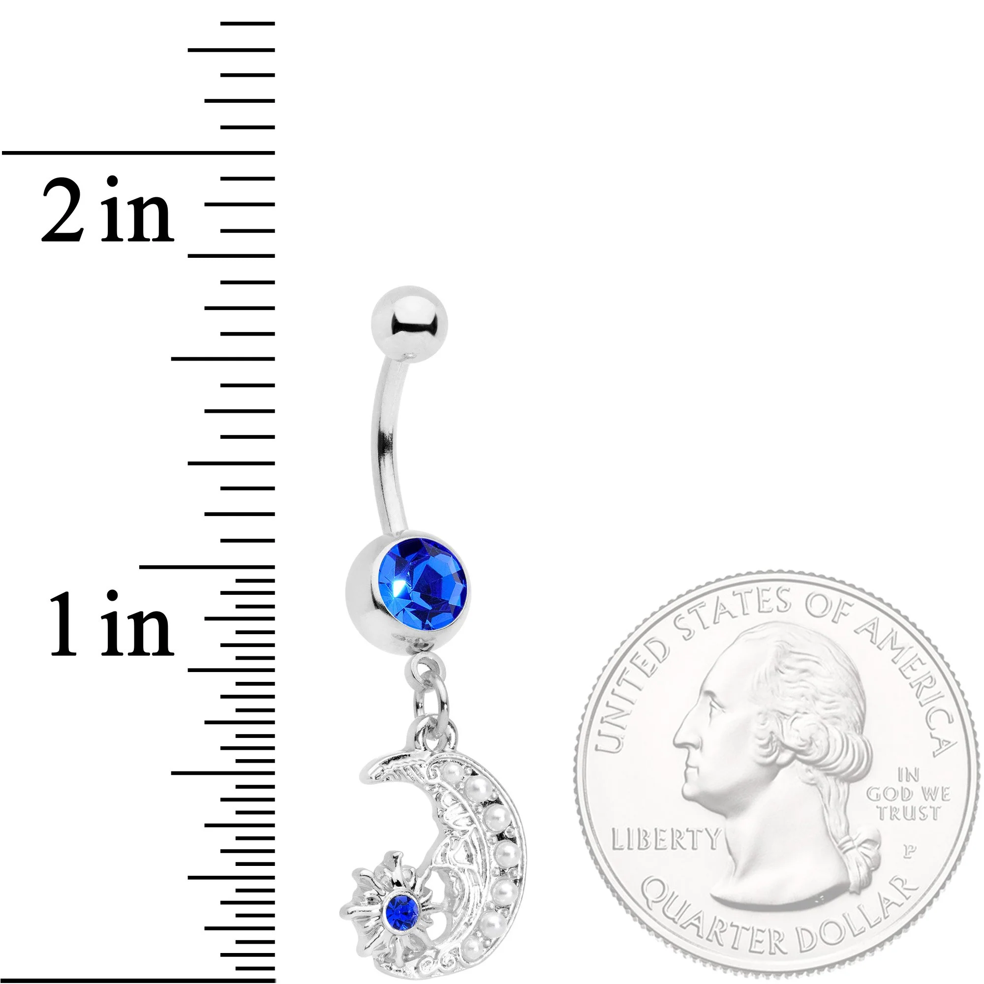 Blue Gem Peaceful Night Star Moon Dangle Belly Ring - Image 2