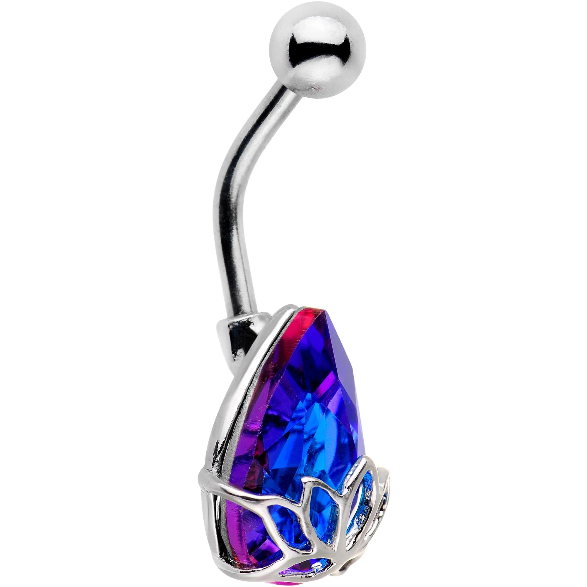 Blue Gem Teardrop Lotus Flower Belly Ring - Image 2