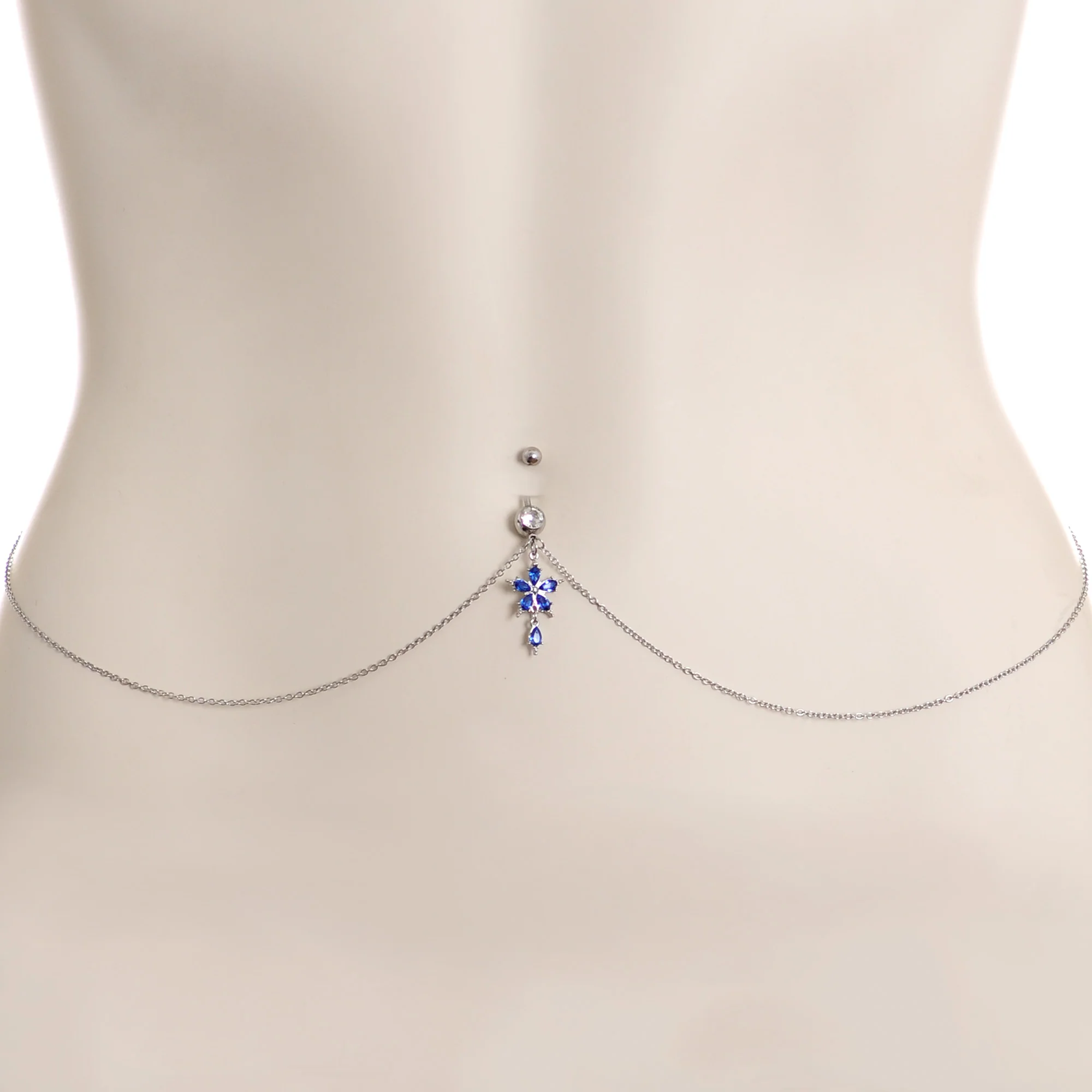 Blue Gem Tropic Flower Dangle Belly Ring Belly Chain - Image 3