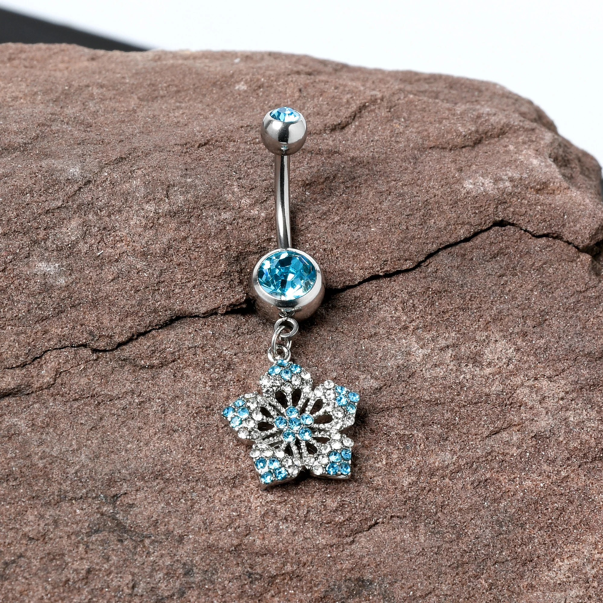 Blue Gem Twin Flower Dangle Belly Ring - Image 2