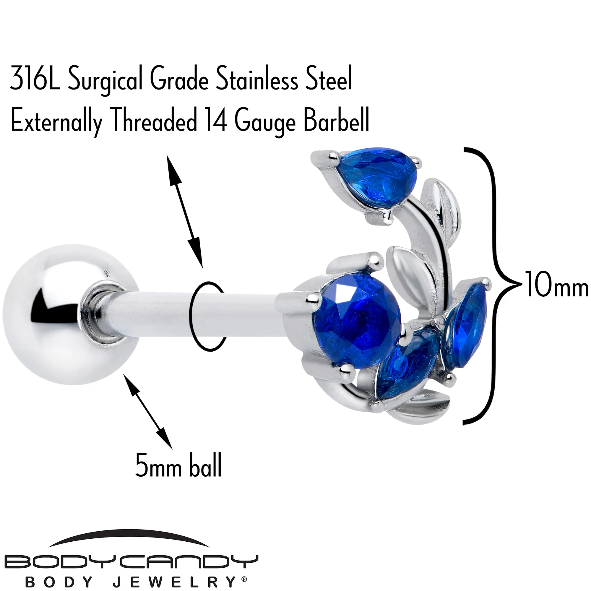 Blue Gem Twining Vine Barbell Tongue Ring - Image 2