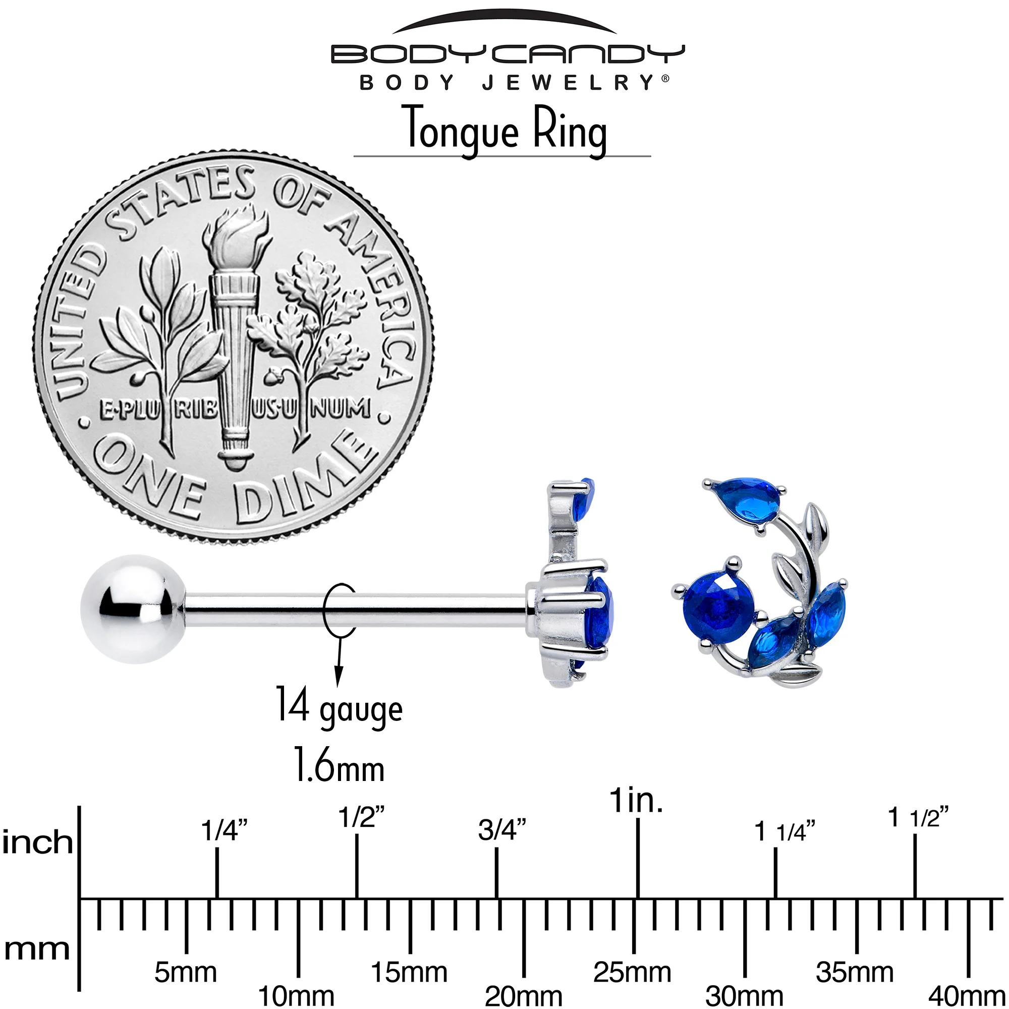 Blue Gem Twining Vine Barbell Tongue Ring - Image 5