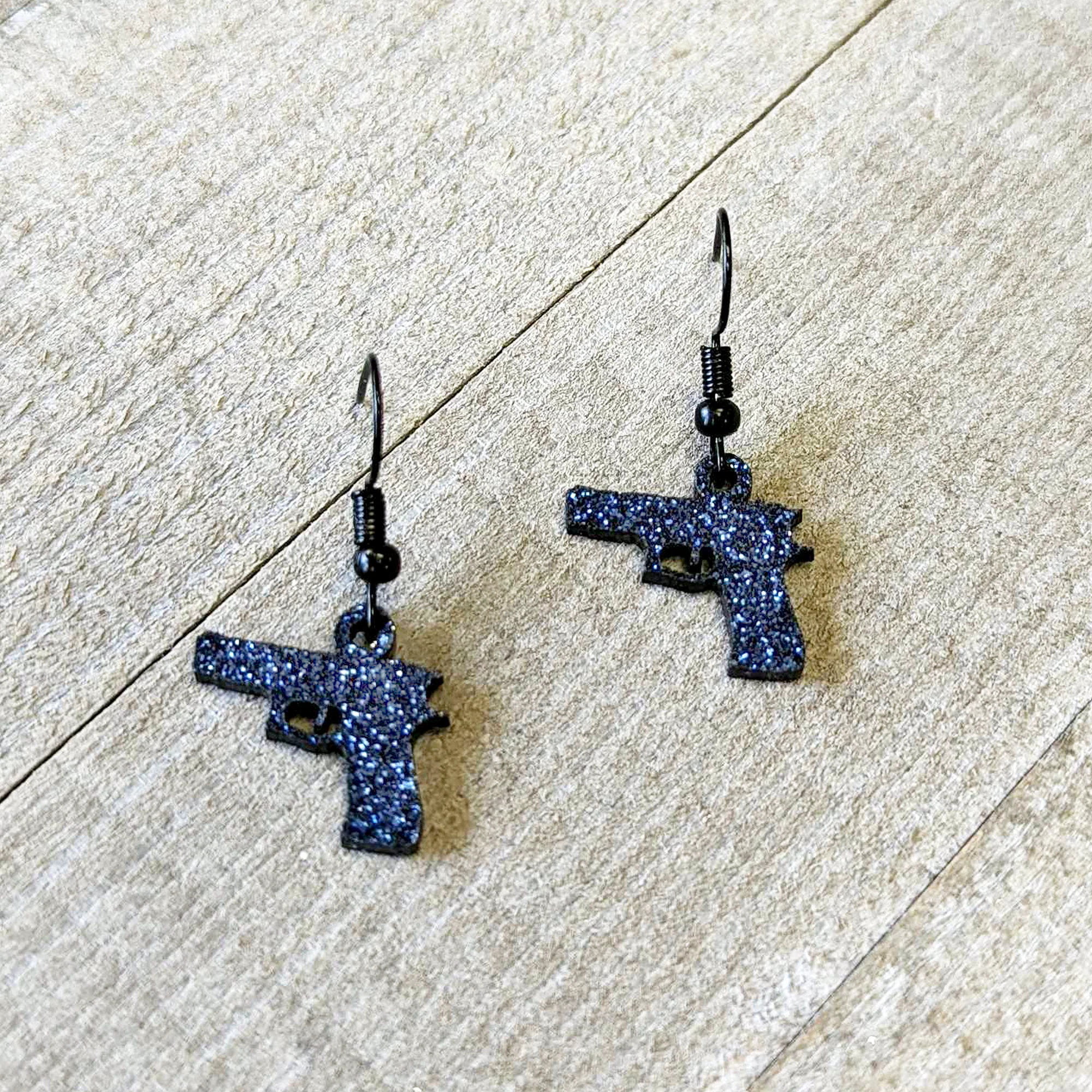 Blue Glitter Gun Fishhook Dangle Earrings - Image 4