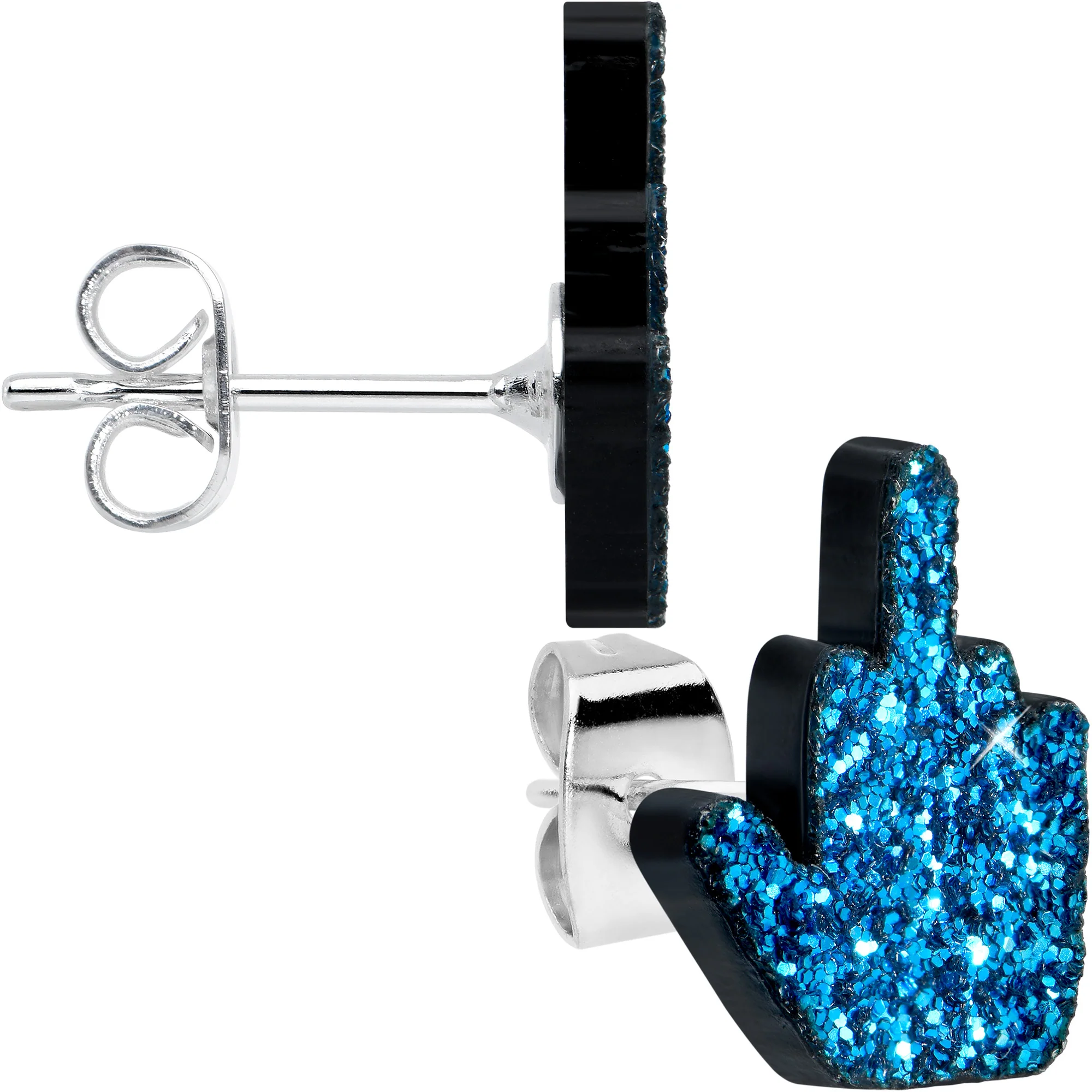 Blue Glitter Middle Finger Stud Earrings Set - Image 2