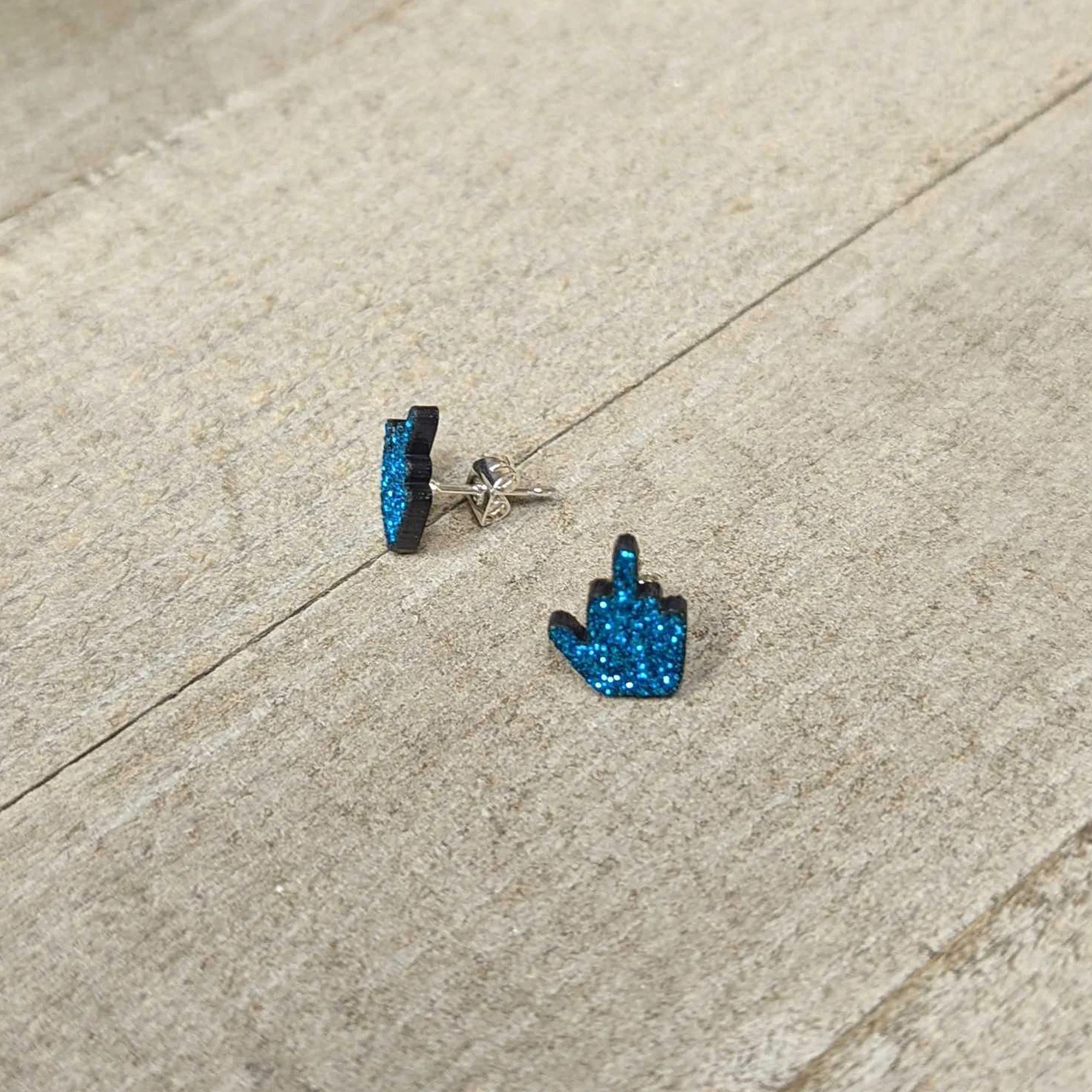 Blue Glitter Middle Finger Stud Earrings Set - Image 3