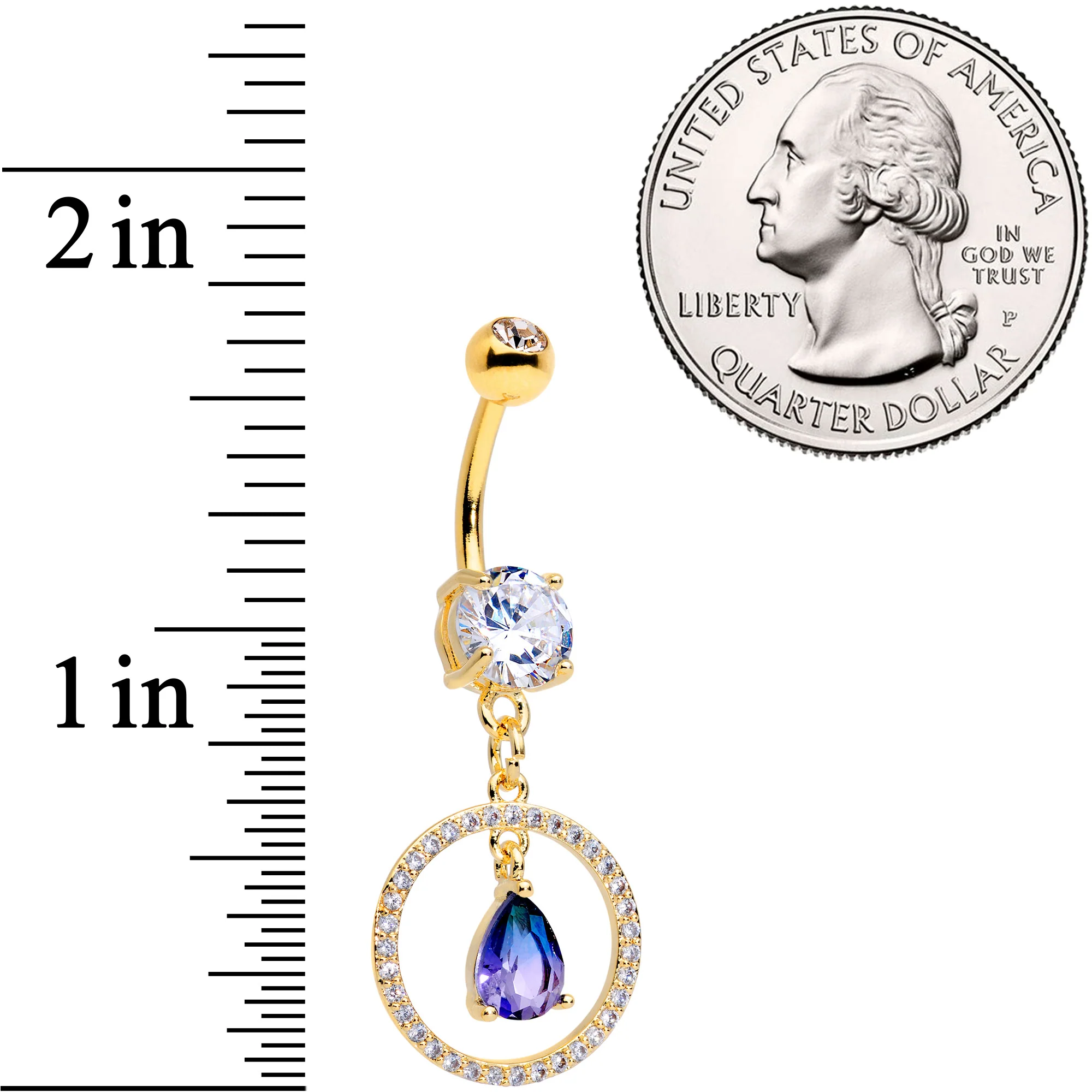 Blue Green CZ Gem Gold Tone Drop Loop Dangle Belly Ring - Image 3