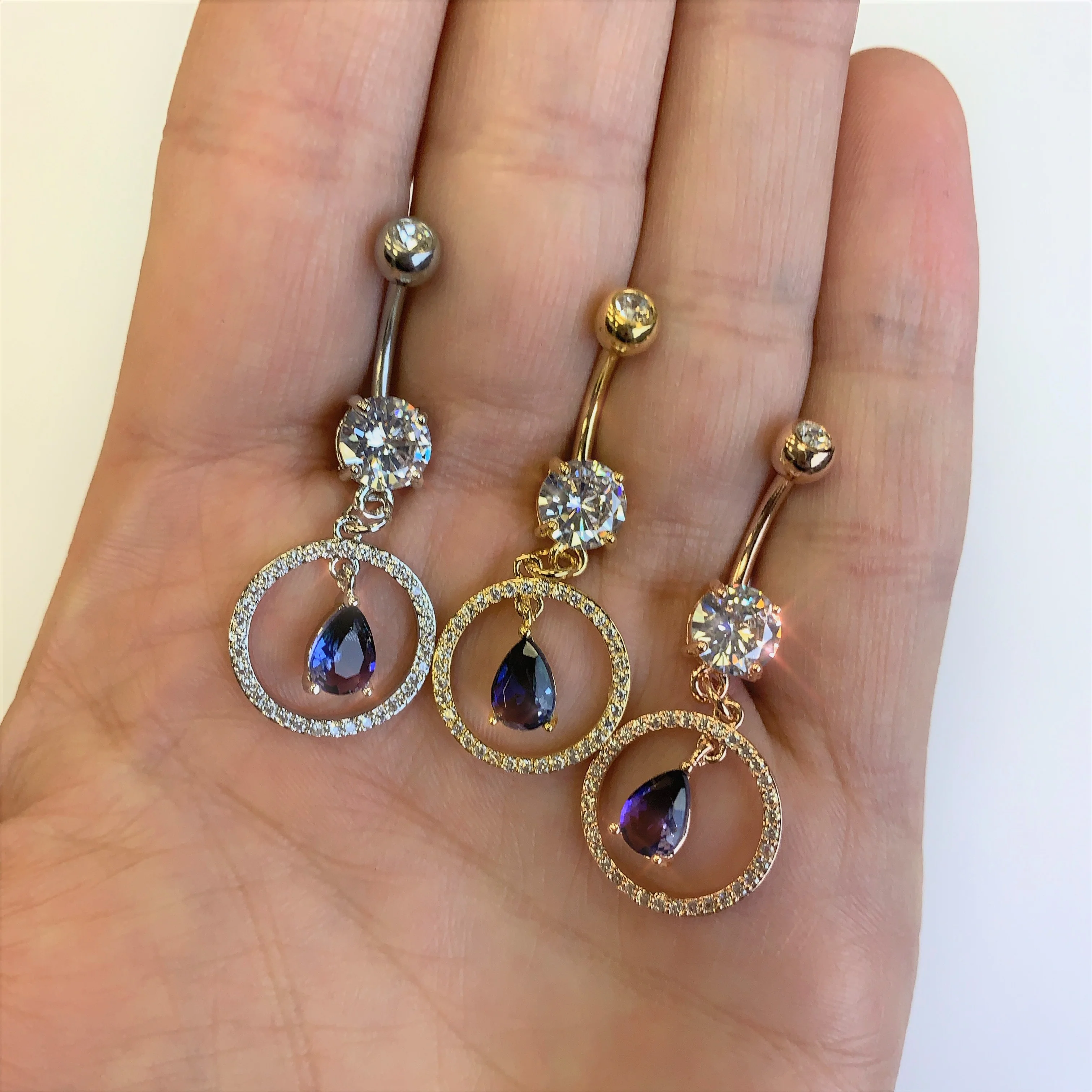 Blue Green CZ Gem Rose Gold Tone Drop Loop Dangle Belly Ring - Image 2