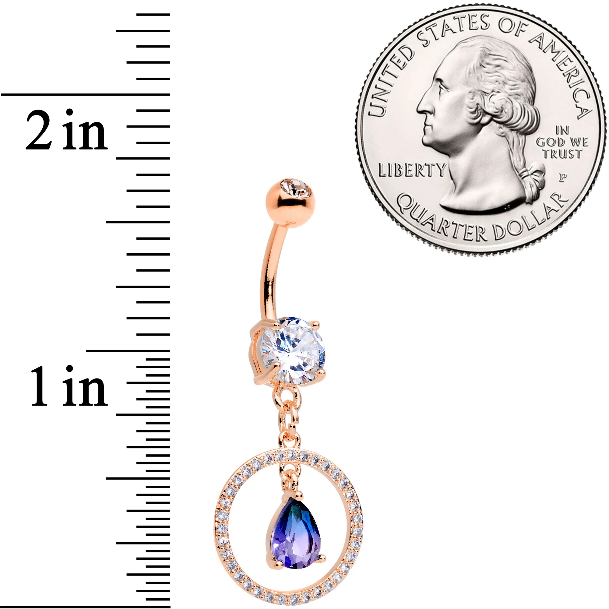 Blue Green CZ Gem Rose Gold Tone Drop Loop Dangle Belly Ring - Image 3