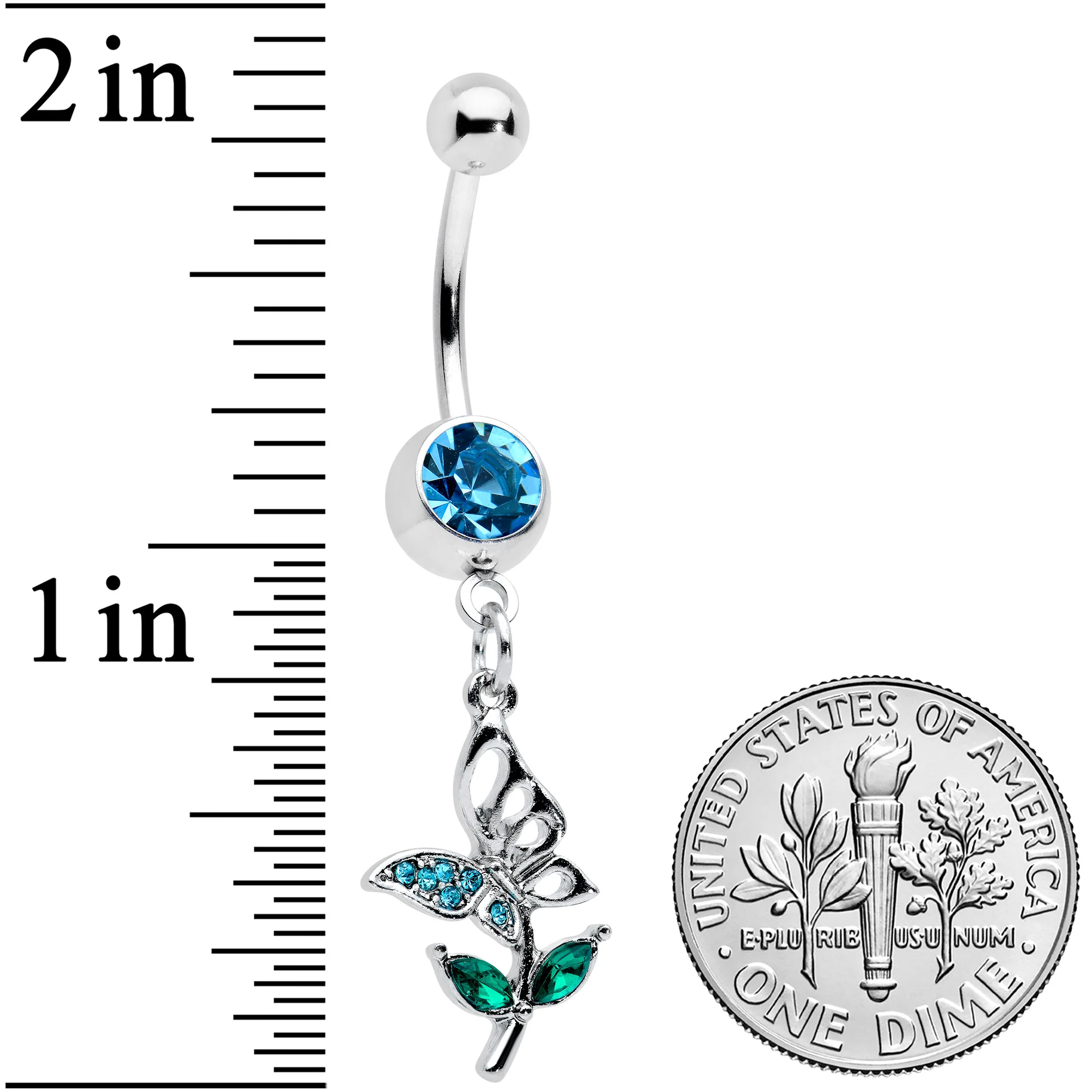 Blue Green Gem Perching Floral Butterfly Dangle Belly Ring - Image 2