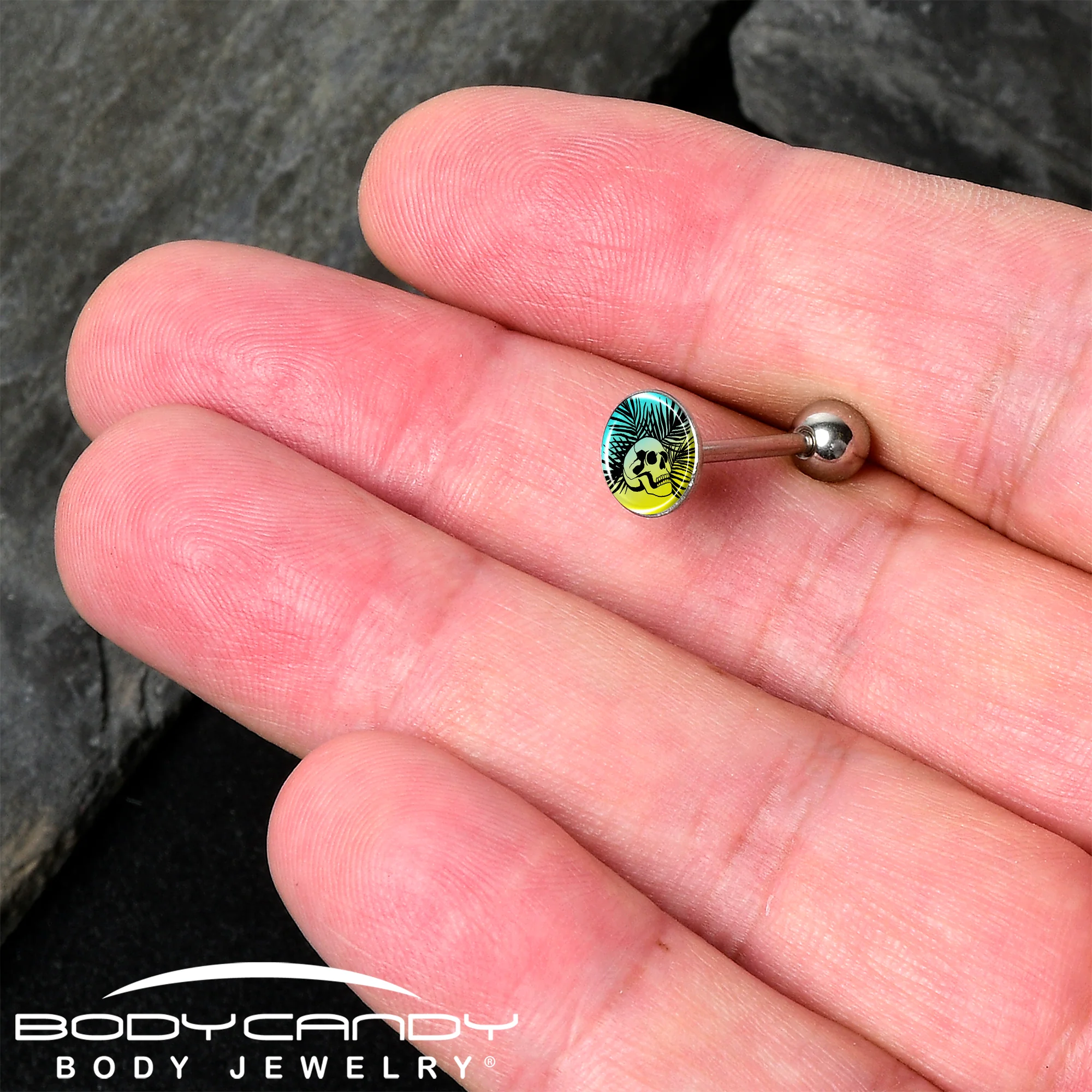 Blue Haze Sunset Skull and Palms Barbell Tongue Ring by Onyx O - Image 2