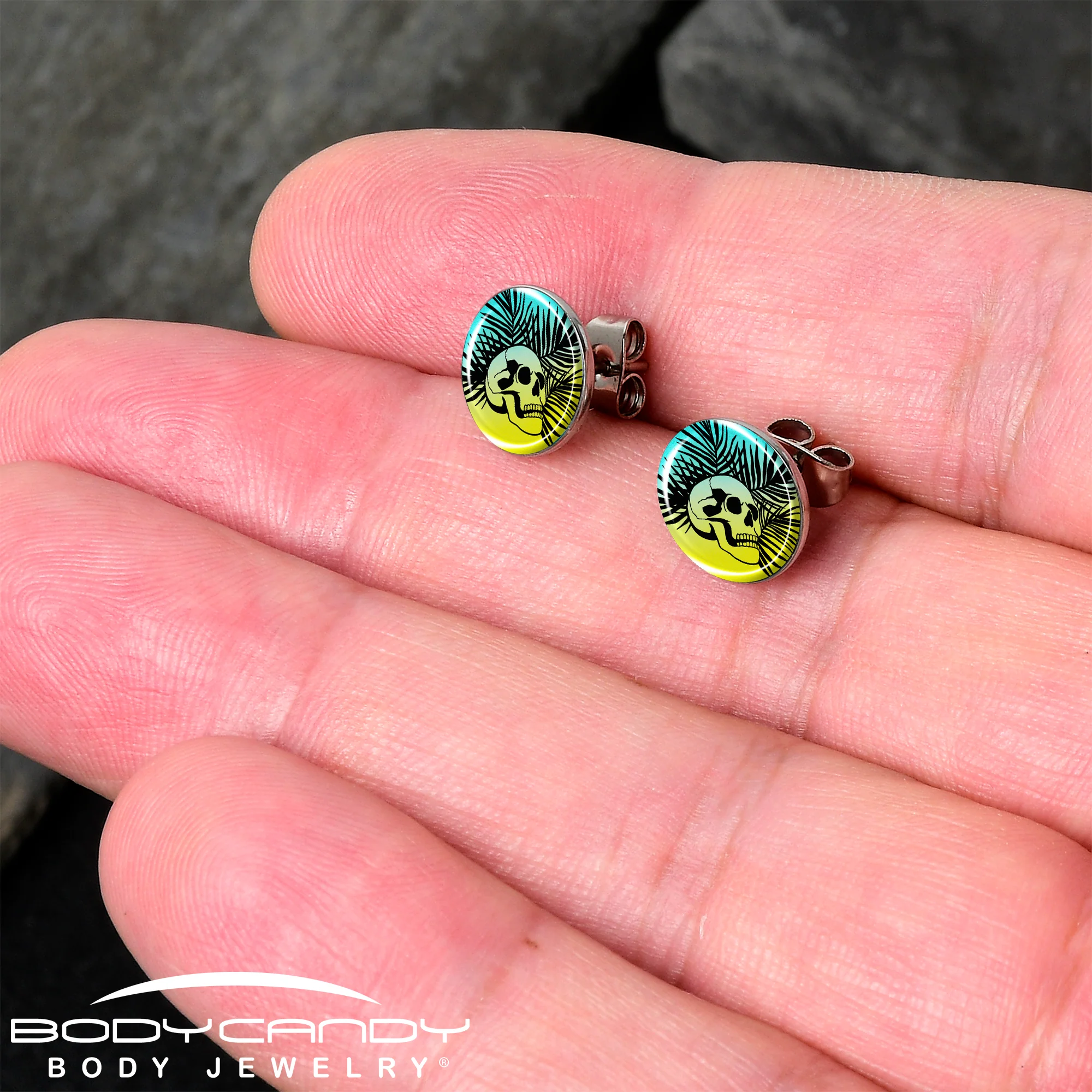 Blue Haze Sunset Skull and Palms Stud Earrings by Onyx O - Image 2