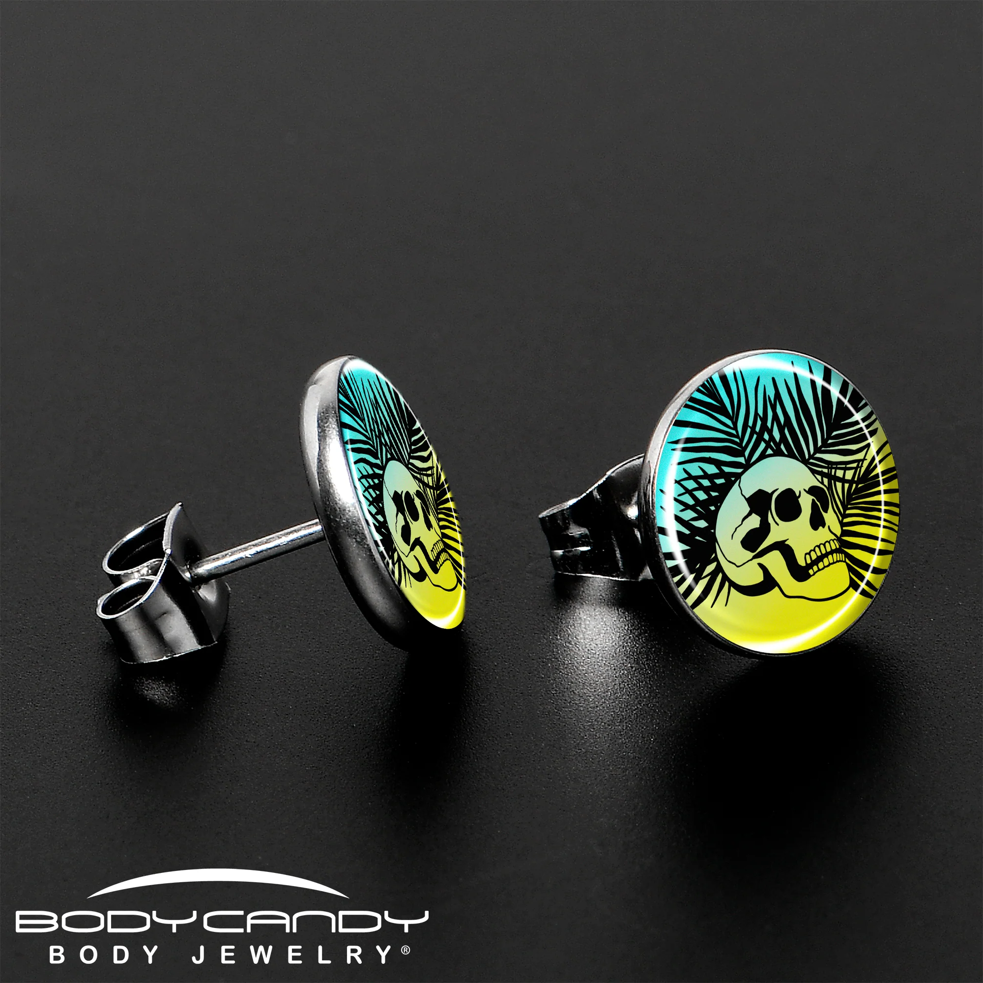 Blue Haze Sunset Skull and Palms Stud Earrings by Onyx O - Image 3