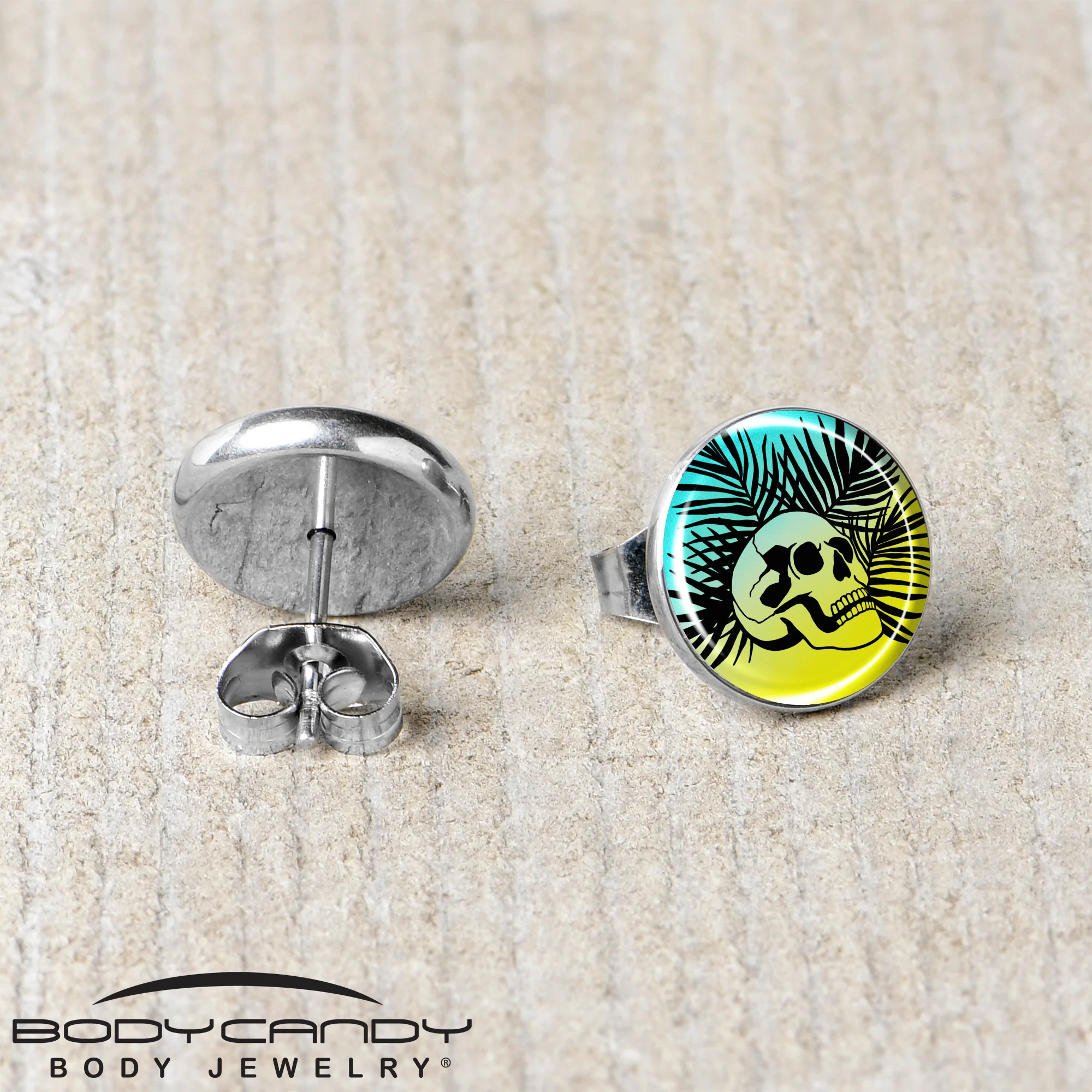 Blue Haze Sunset Skull and Palms Stud Earrings by Onyx O - Image 5