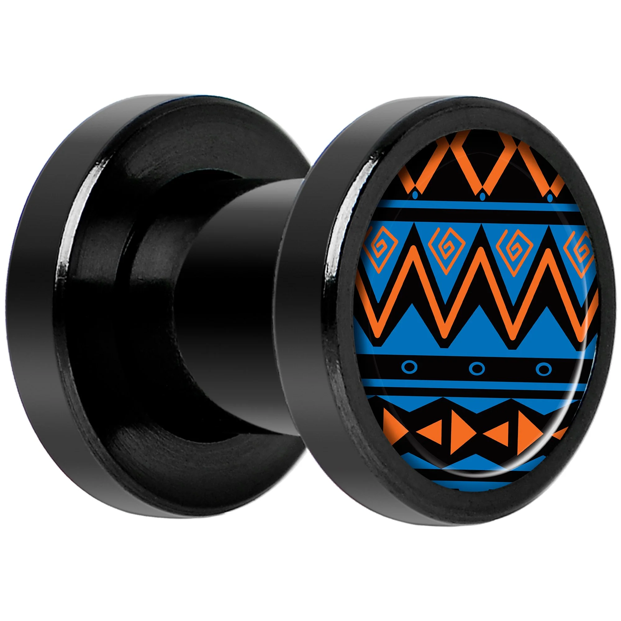 Blue Orange Tribal Print Black Anodized Screw Fit Plug Set 2G - Image 2