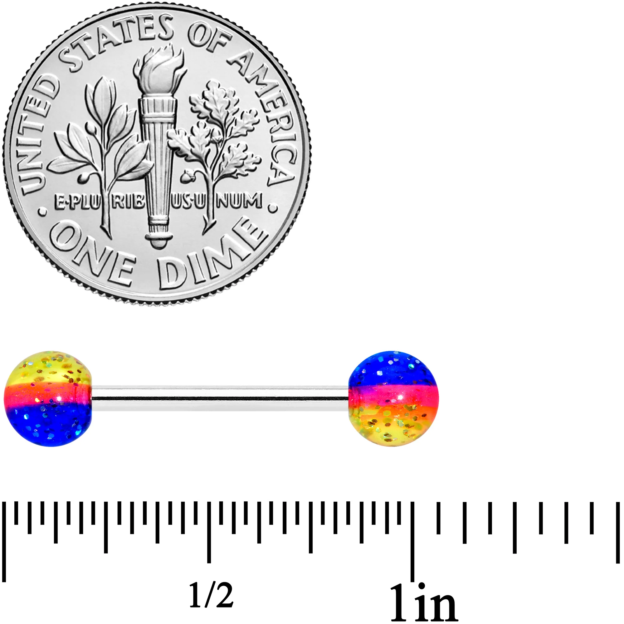Blue Orange Yellow UV Glow Acrylic Ball Barbell Tongue Ring - Image 2