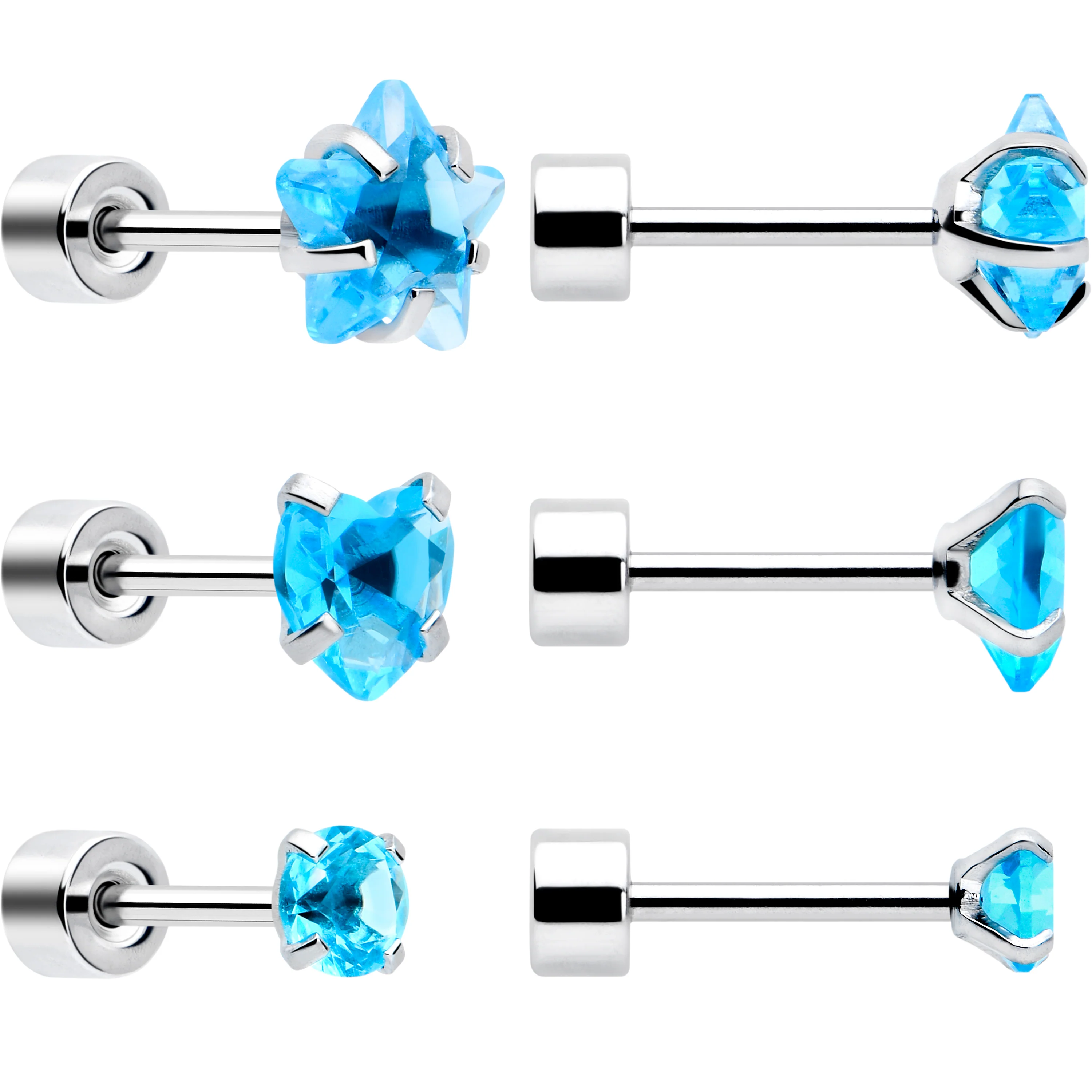 Blue Simplistic Heart Star CZ Flat Back Stud Earrings - 3 Pairs - Image 2