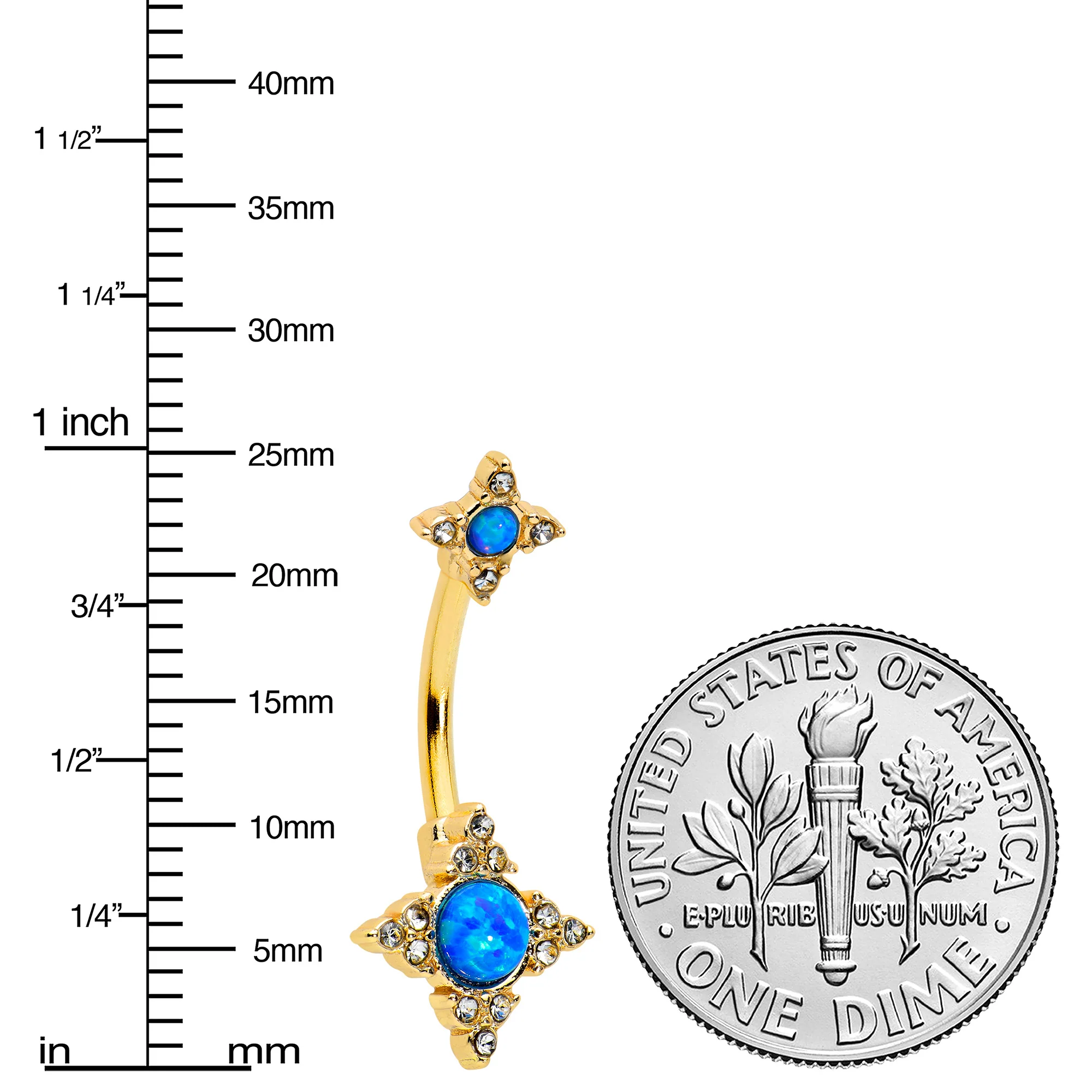 Blue Synthetic Opal Gold Tone Rhombus Duo Double Mount Belly Ring - Image 2