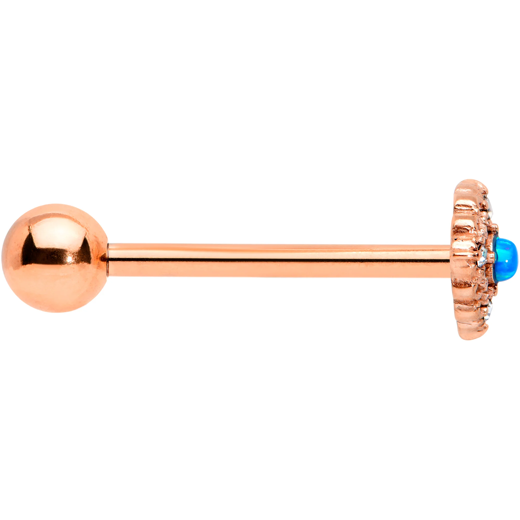 Blue Synthetic Opal Rose Gold Tone Lacy Barbell Tongue Ring - Image 3