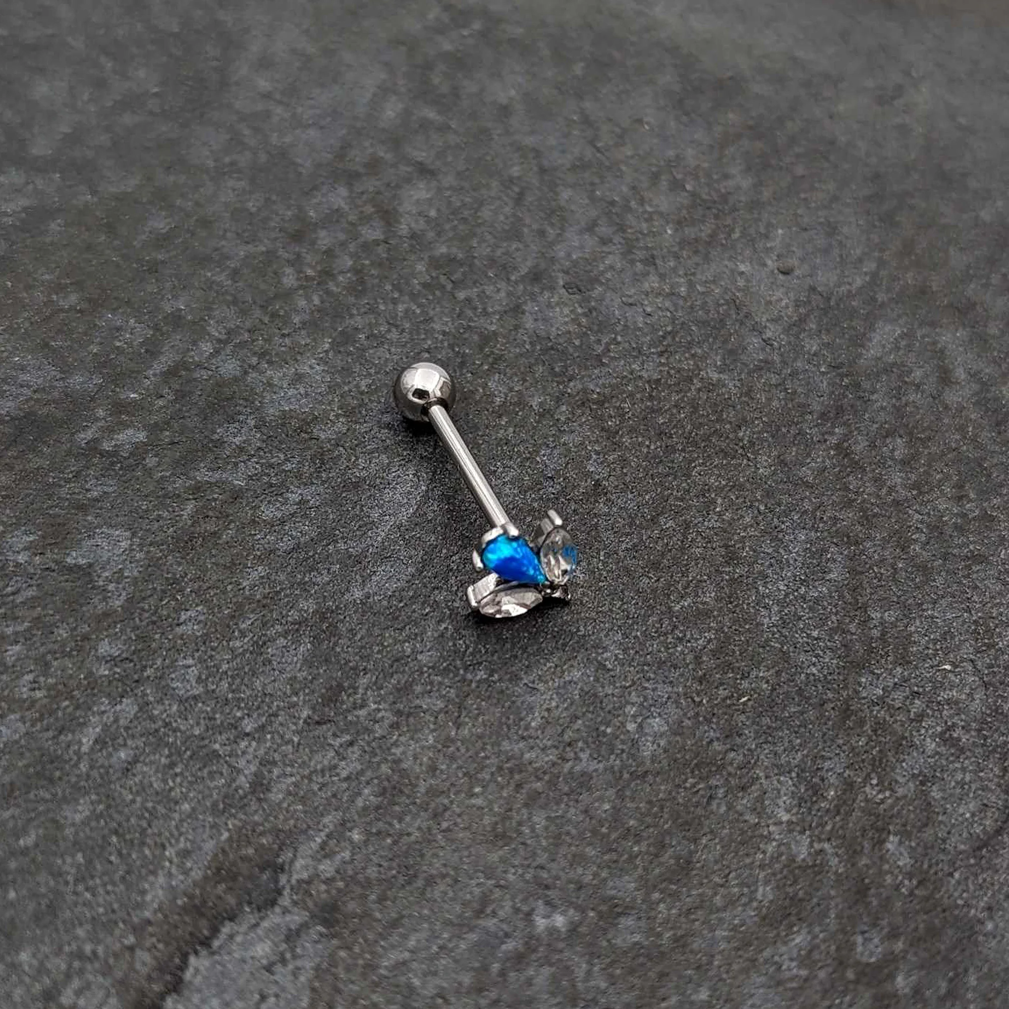 Blue Synthetic Opal Style Flower Barbell Tongue Ring - Image 6