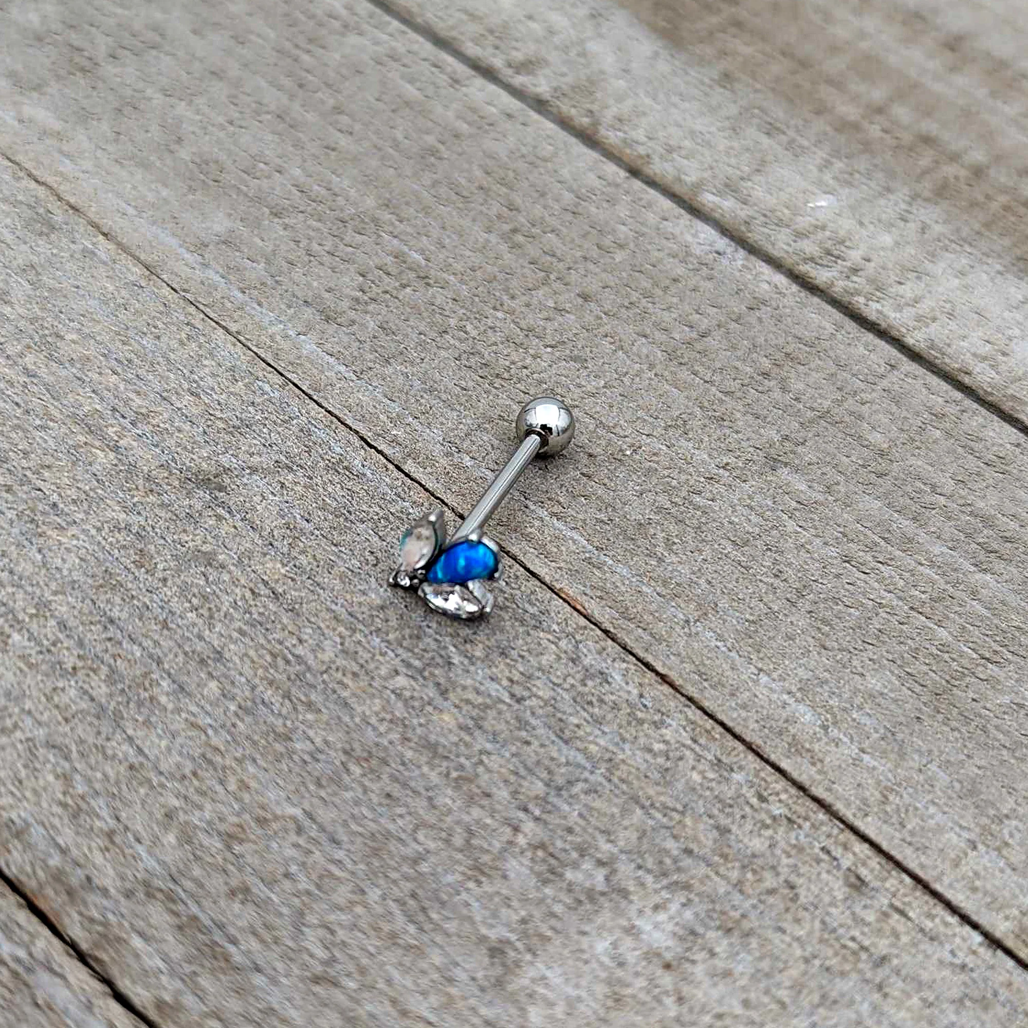 Blue Synthetic Opal Style Flower Barbell Tongue Ring - Image 7