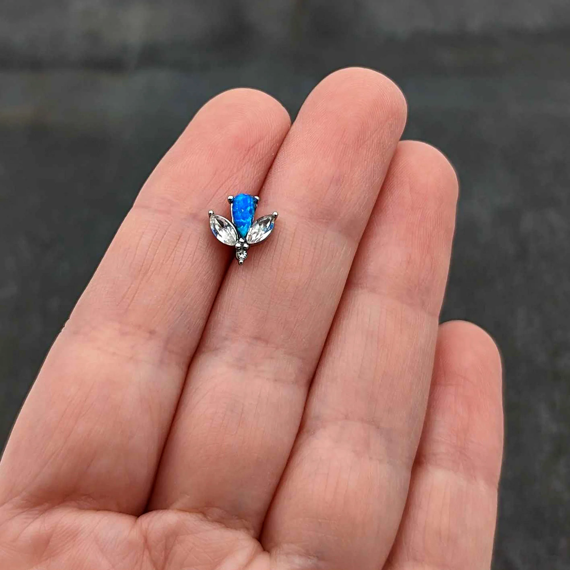 Blue Synthetic Opal Style Flower Barbell Tongue Ring - Image 8