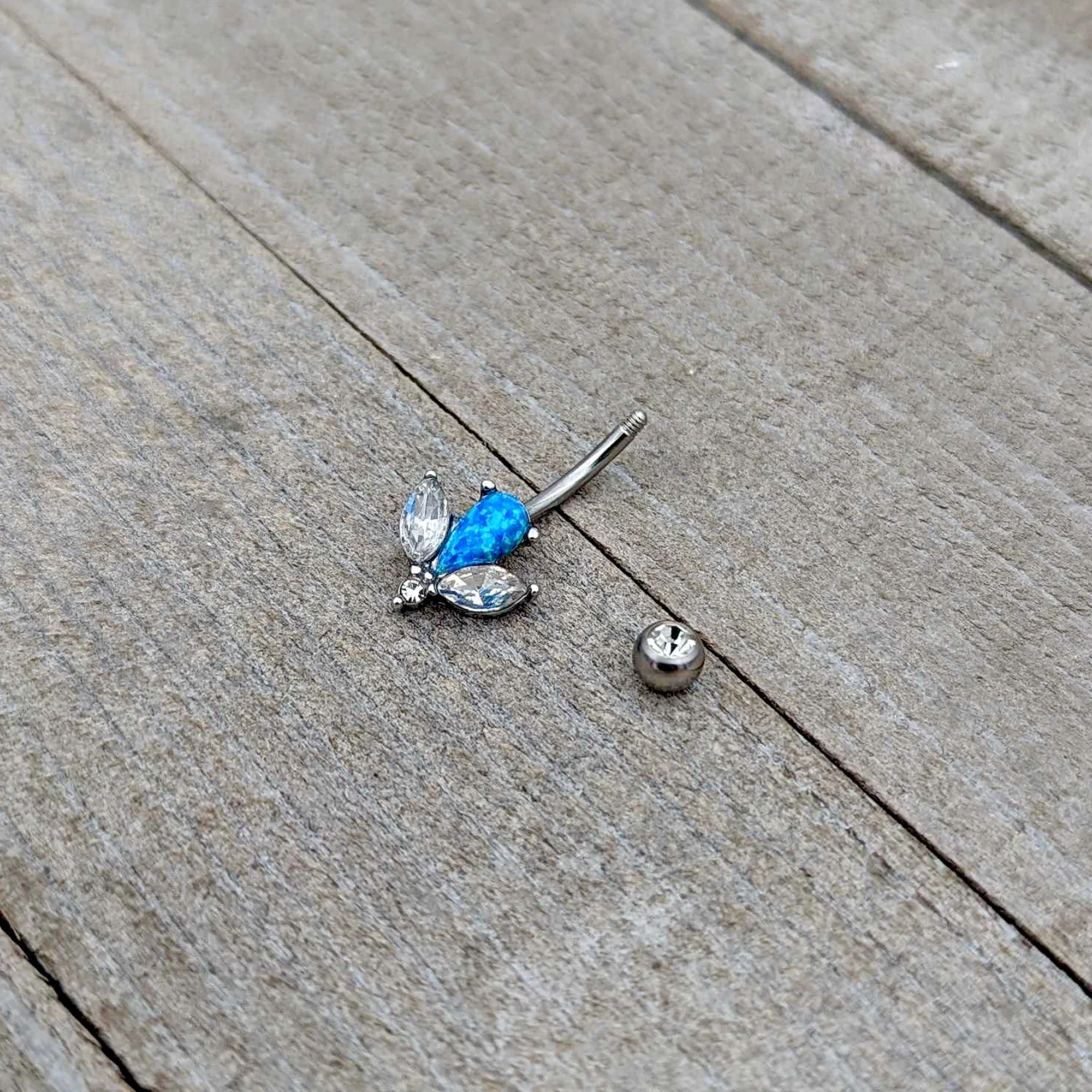 Blue Synthetic Opal Style Flower Belly Ring - Image 6