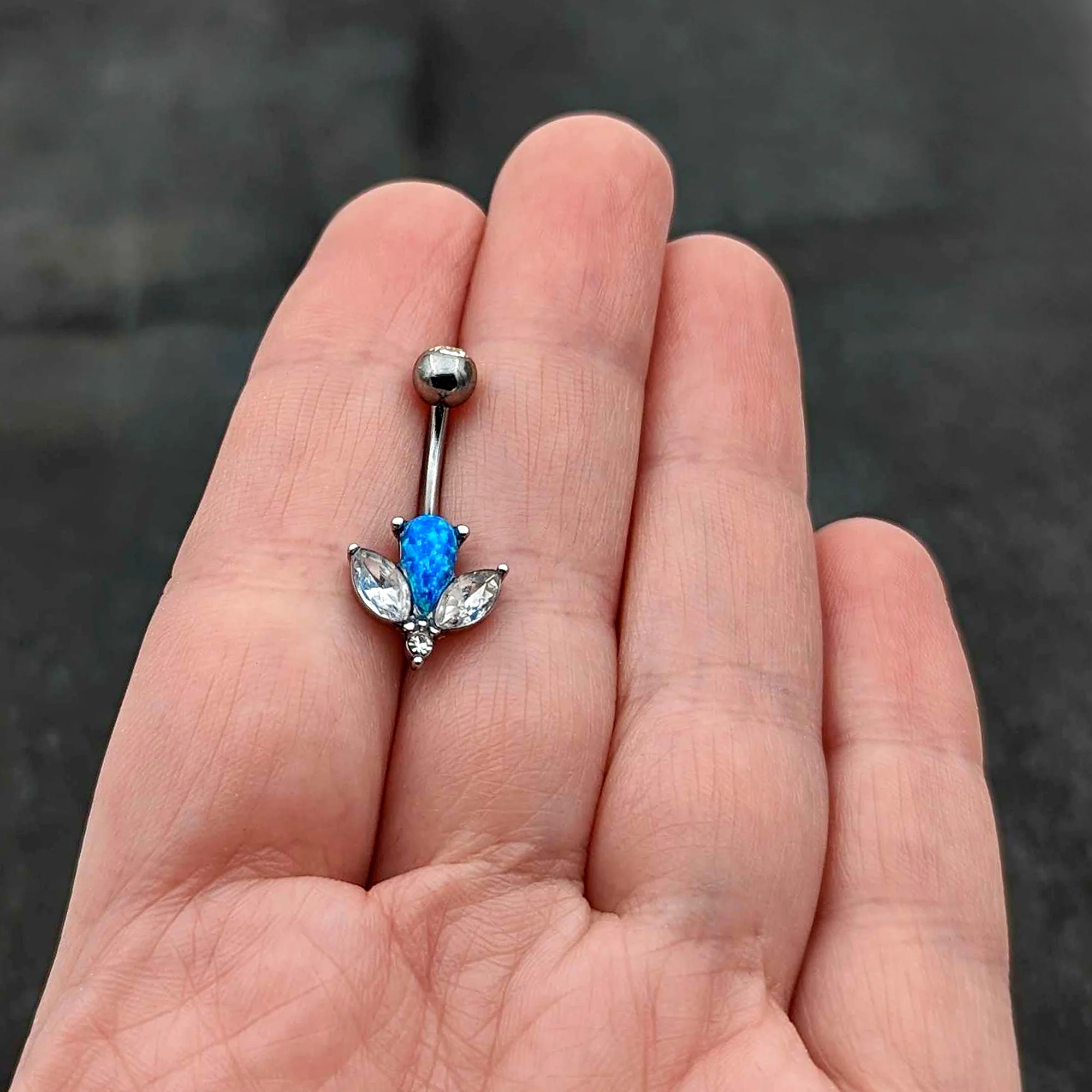 Blue Synthetic Opal Style Flower Belly Ring - Image 7