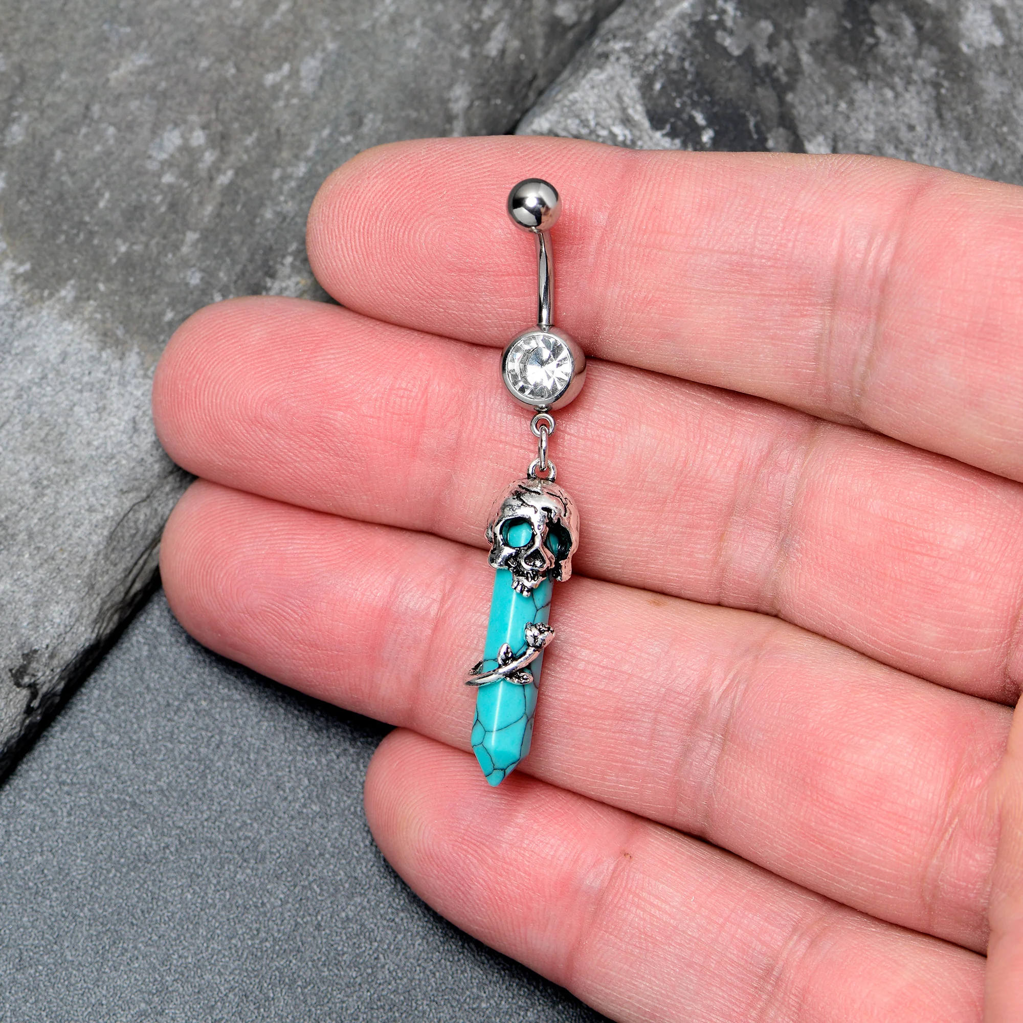 Blue Turquoise Skull Obelisk Rose Dangle Belly Ring - Image 2
