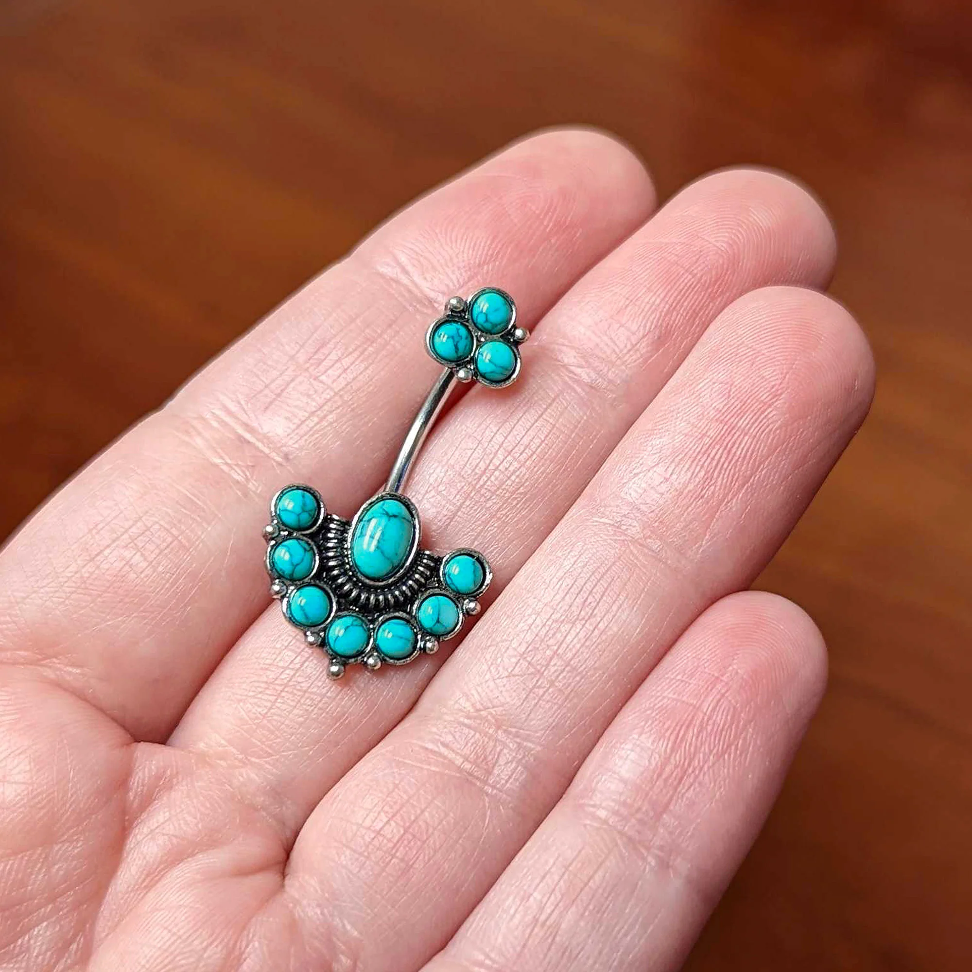 Blue Turquoise Stone Southwest Shield Double Mount Belly Ring - Image 3
