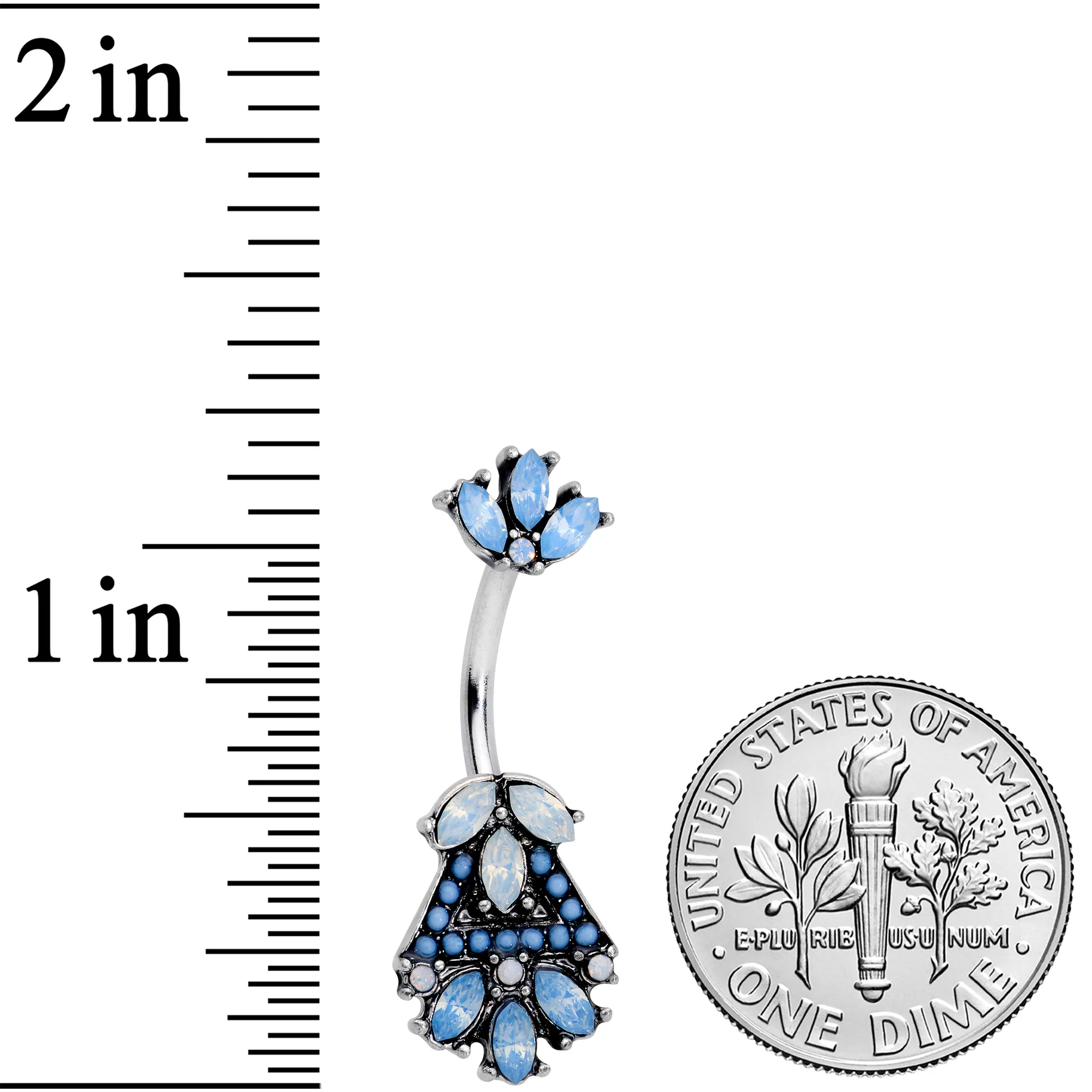 Blue White Faux Opal Ornate Double Mount Belly Ring - Image 3