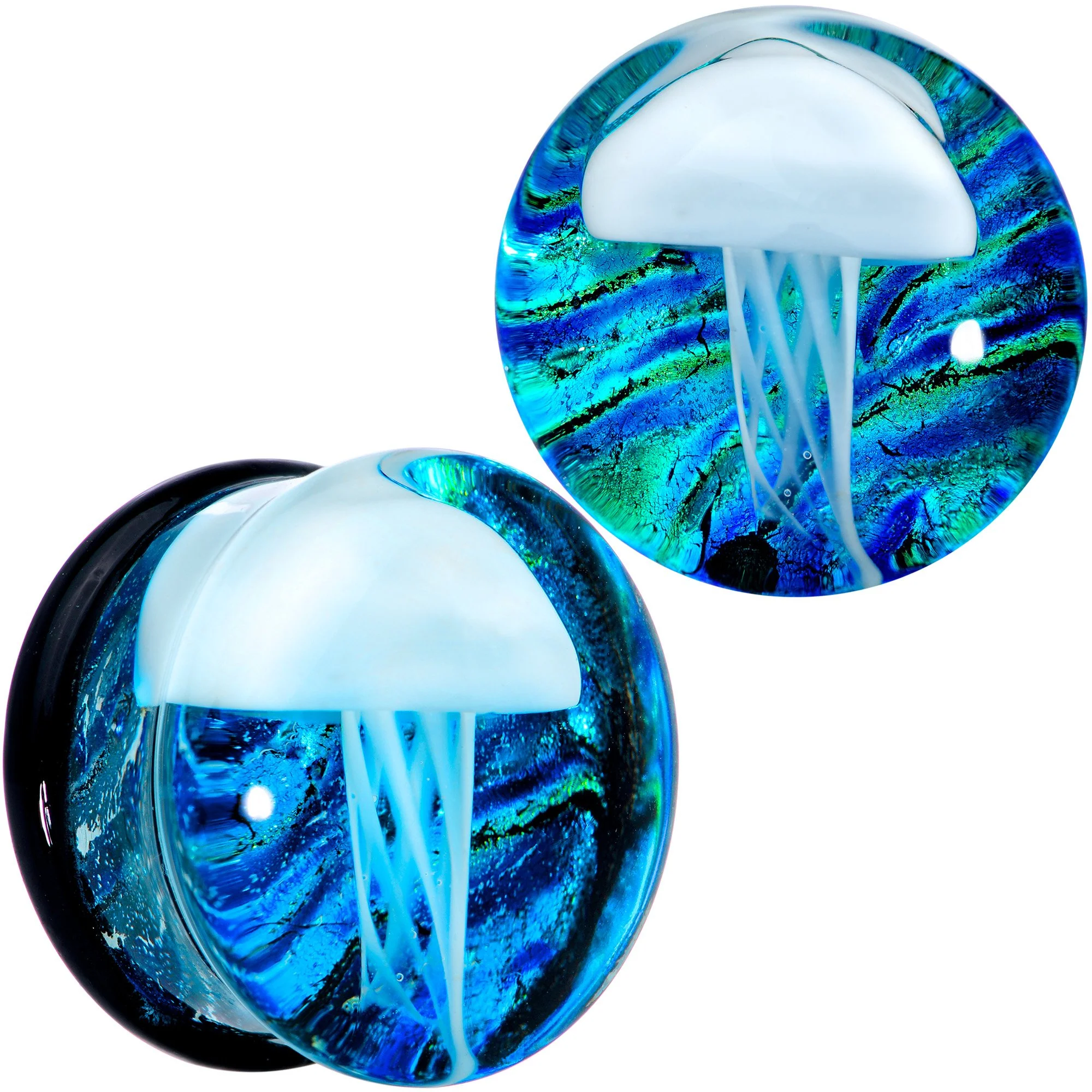 Blue White Glass Nautical Jellyfish Double Flare Plug Set - Image 11