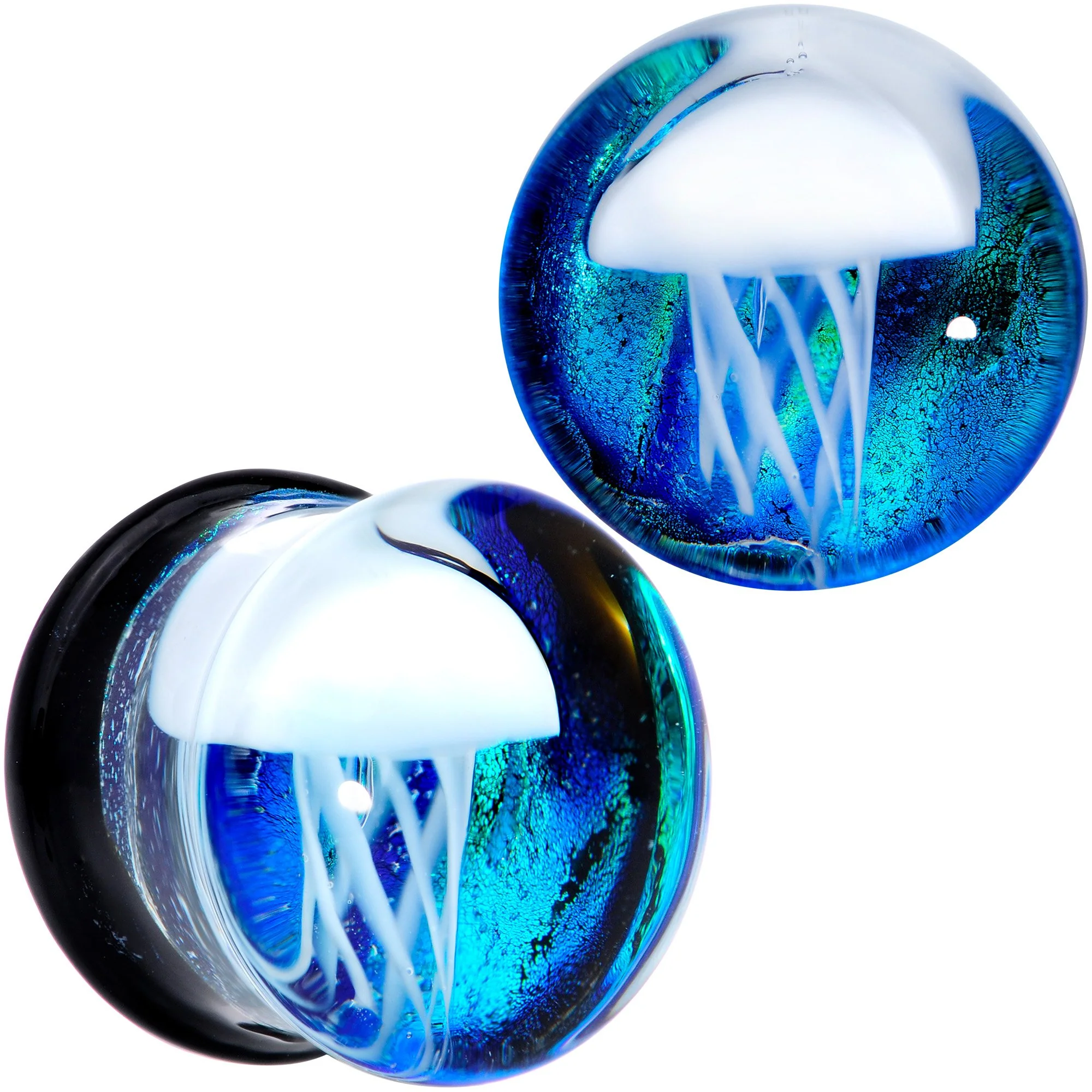 Blue White Glass Nautical Jellyfish Double Flare Plug Set - Image 12