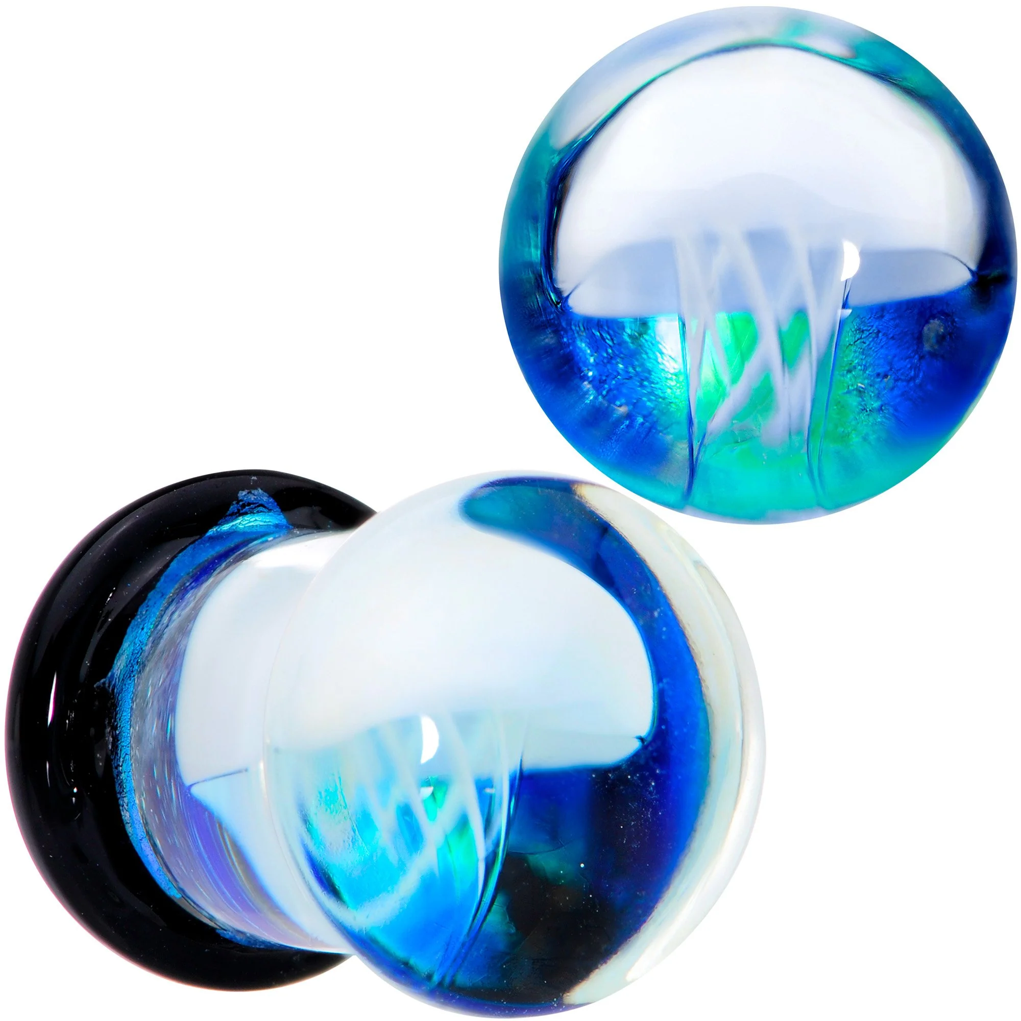 Blue White Glass Nautical Jellyfish Double Flare Plug Set - Image 6