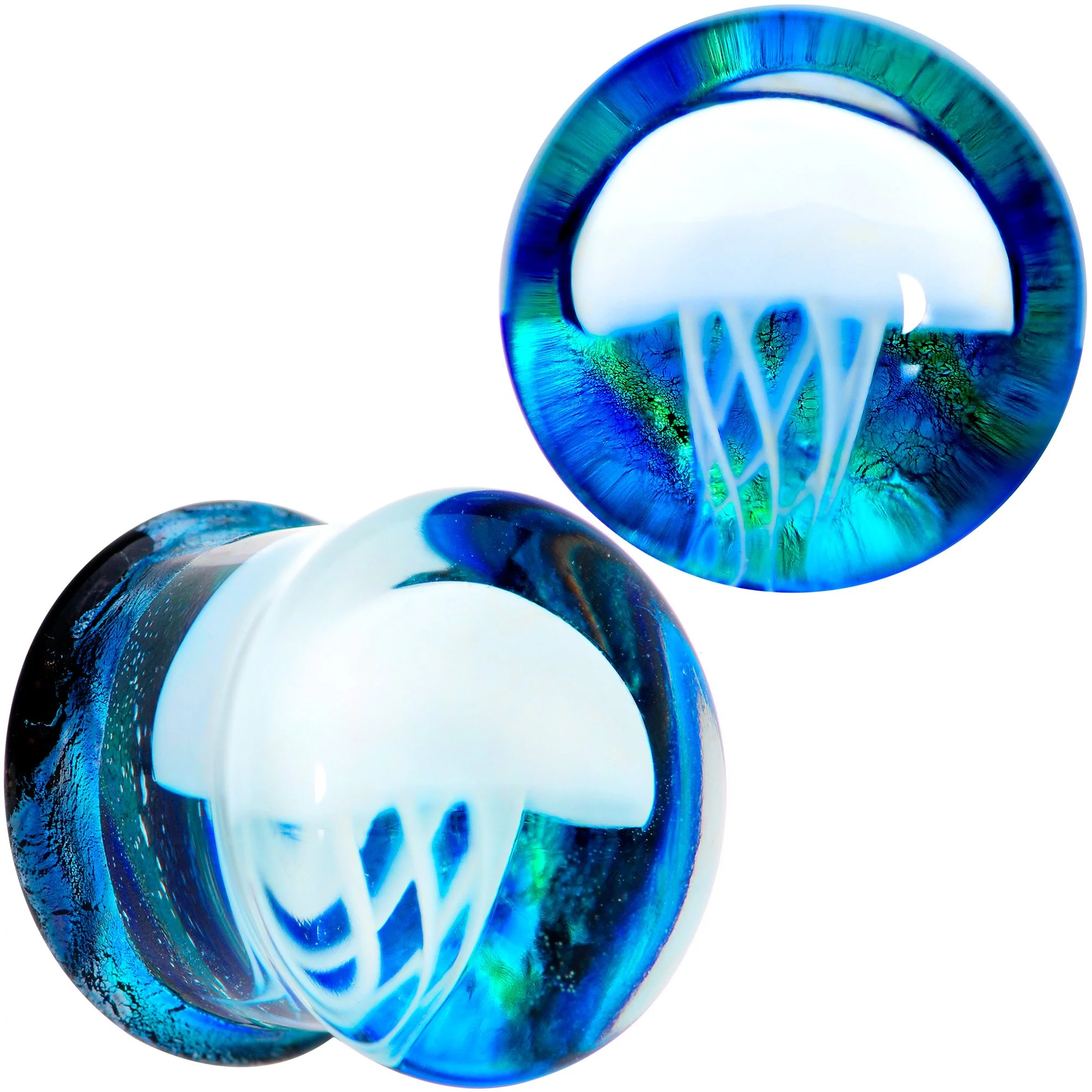 Blue White Glass Nautical Jellyfish Double Flare Plug Set - Image 9