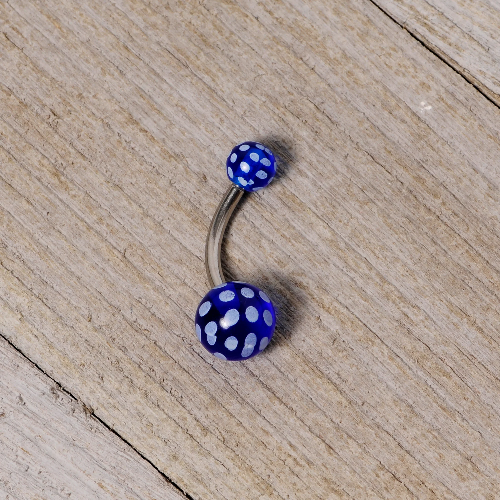 Blue White Polka Dot UV Reactive Acrylic Ball Belly Ring - Image 3