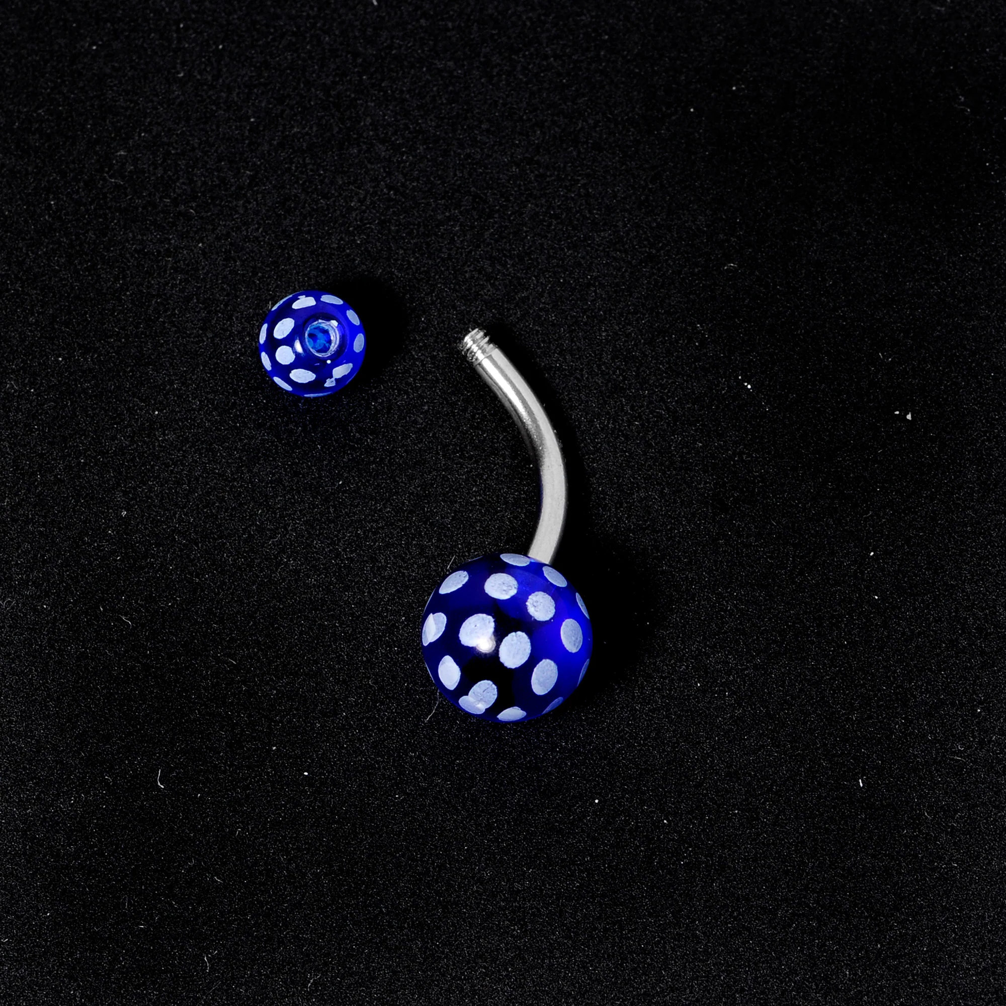 Blue White Polka Dot UV Reactive Acrylic Ball Belly Ring - Image 5
