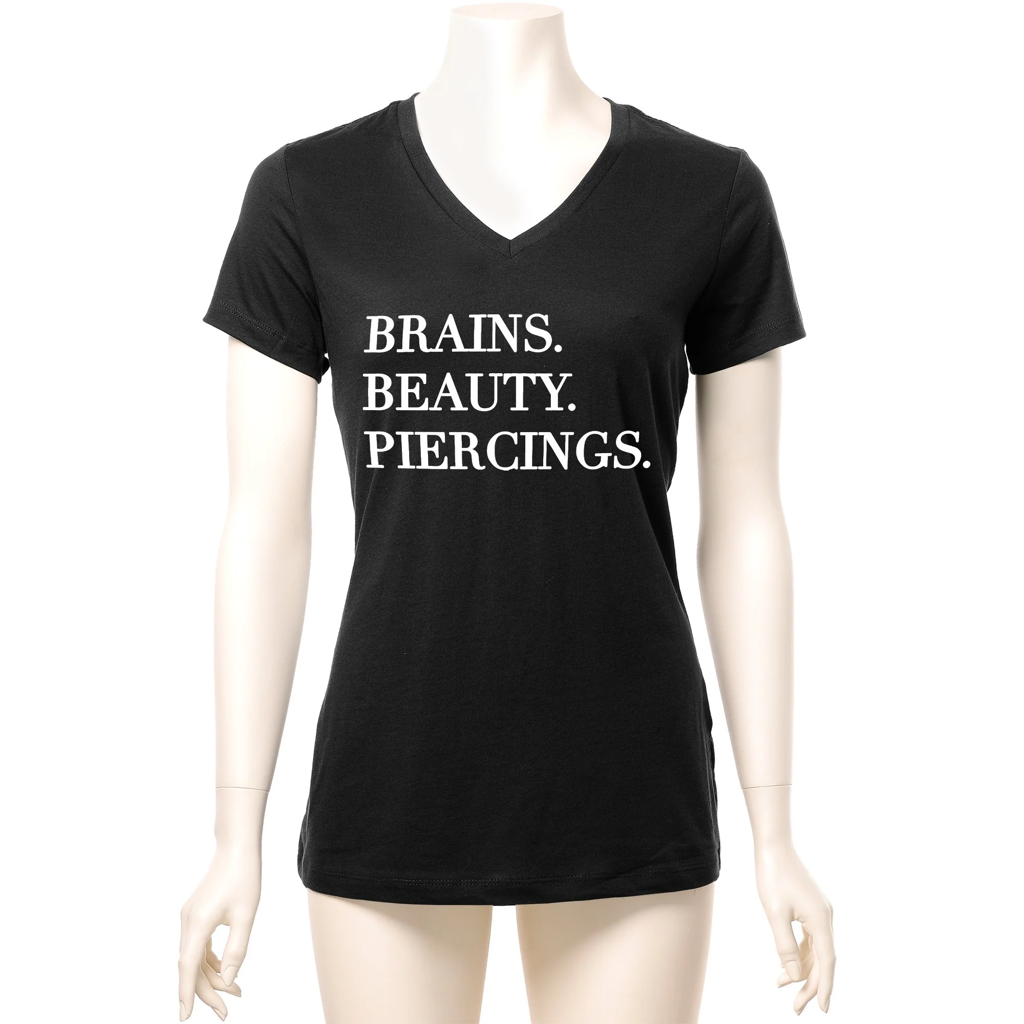 Brains Beauty & Piercings Tapered V-Neck Tee Shirt - Image 3