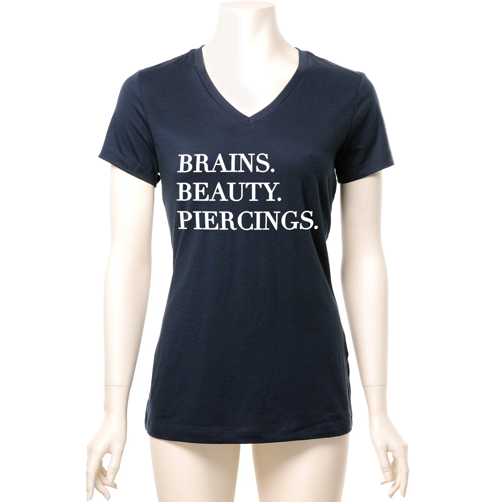 Brains Beauty & Piercings Tapered V-Neck Tee Shirt - Image 4