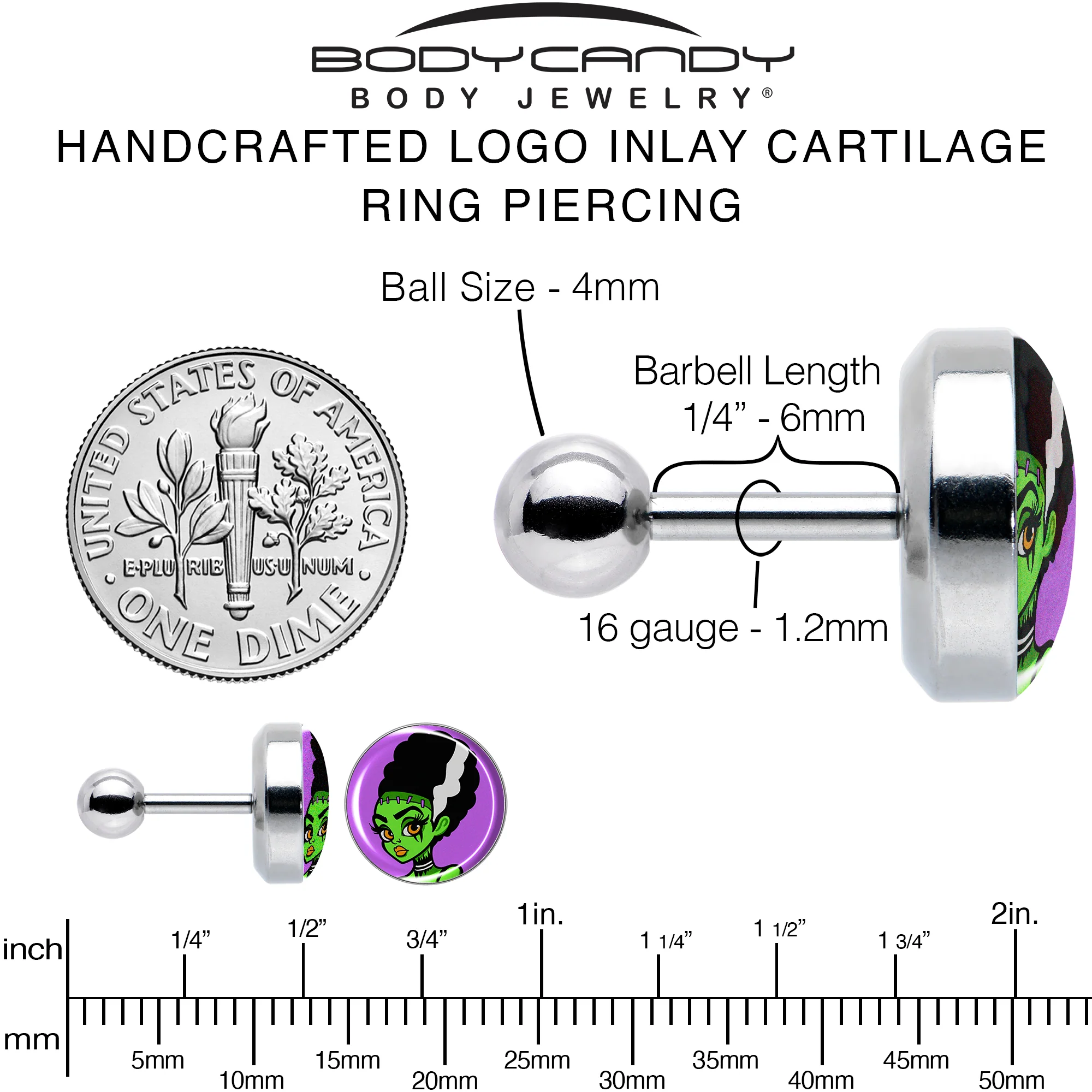16G 1/4 Bride of Frankenstein Tragus Cartilage Earring by Onyx O - Image 6
