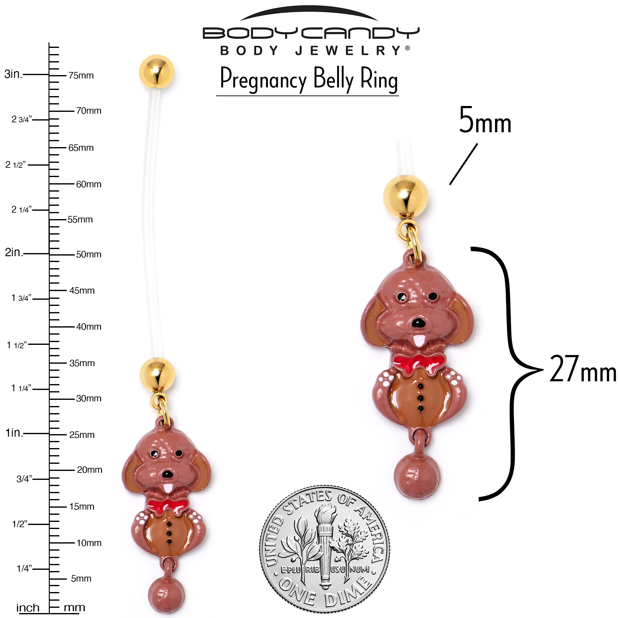 Brown Dog Red Bow Dangle PTFE Pregnancy Belly Ring - Image 3