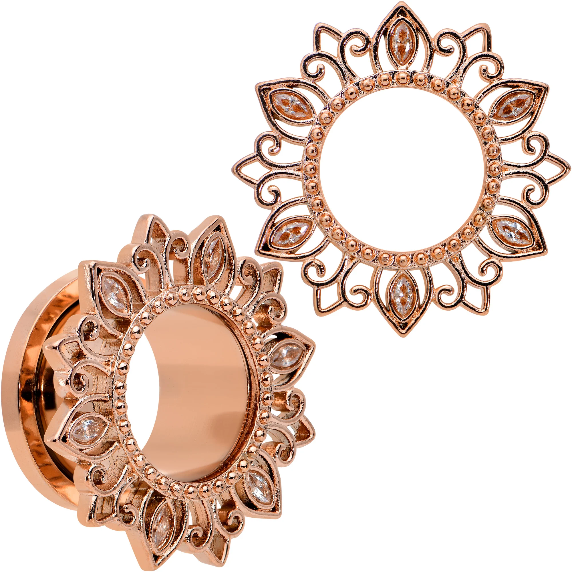 Brown Gem Rose Gold Tone Floral Edge Screw Fit Tunnel Plug Set - Image 10