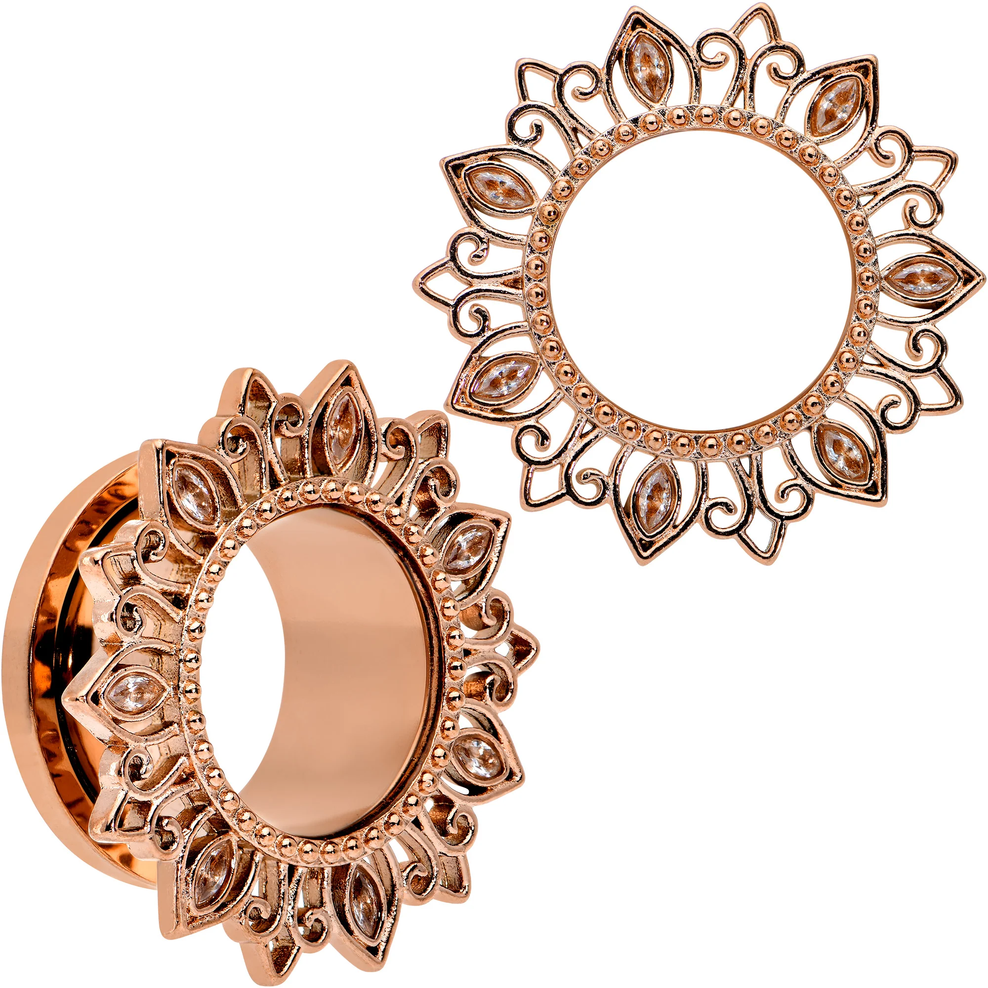 Brown Gem Rose Gold Tone Floral Edge Screw Fit Tunnel Plug Set - Image 11