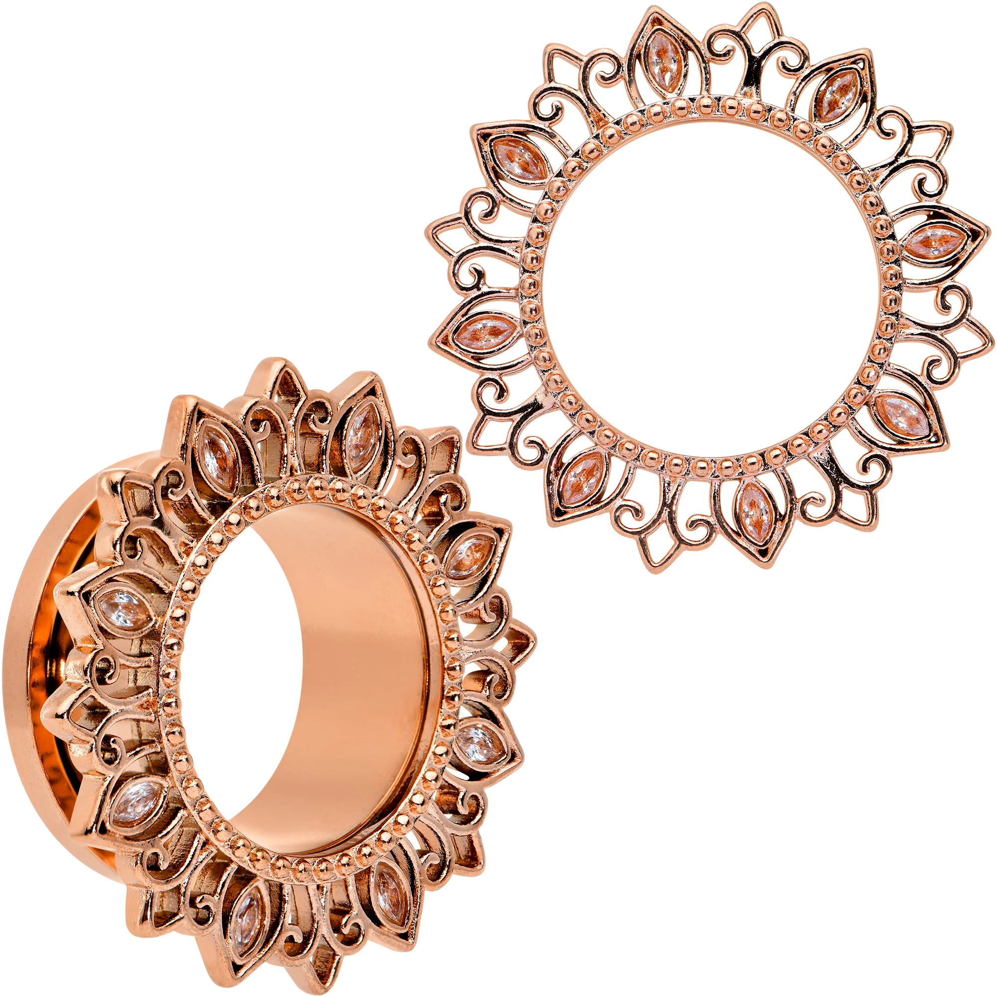 Brown Gem Rose Gold Tone Floral Edge Screw Fit Tunnel Plug Set - Image 12