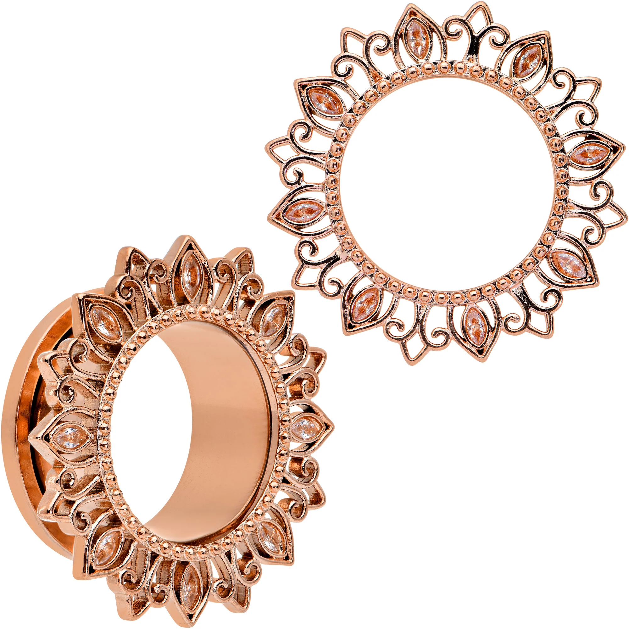 Brown Gem Rose Gold Tone Floral Edge Screw Fit Tunnel Plug Set - Image 13