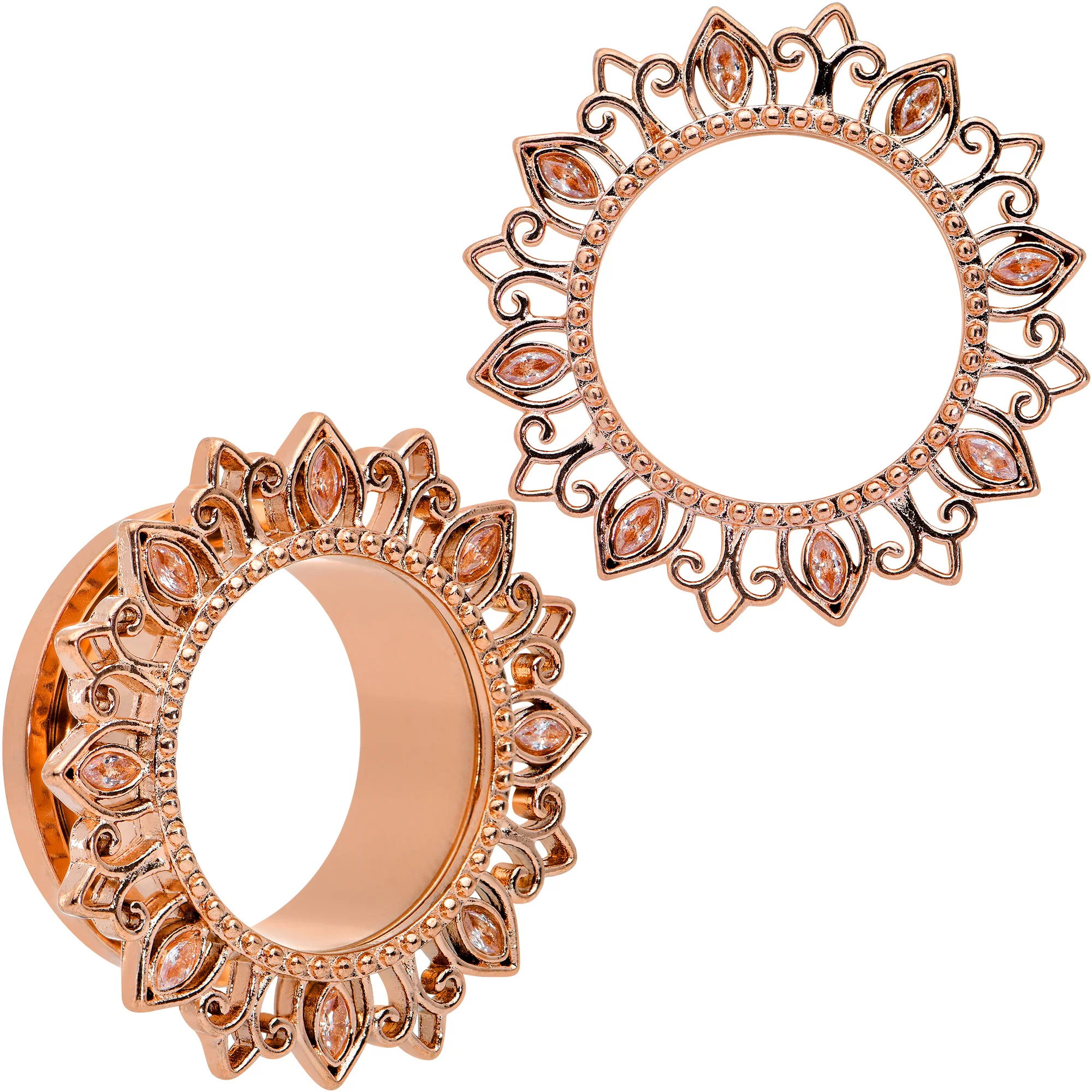 Brown Gem Rose Gold Tone Floral Edge Screw Fit Tunnel Plug Set - Image 14